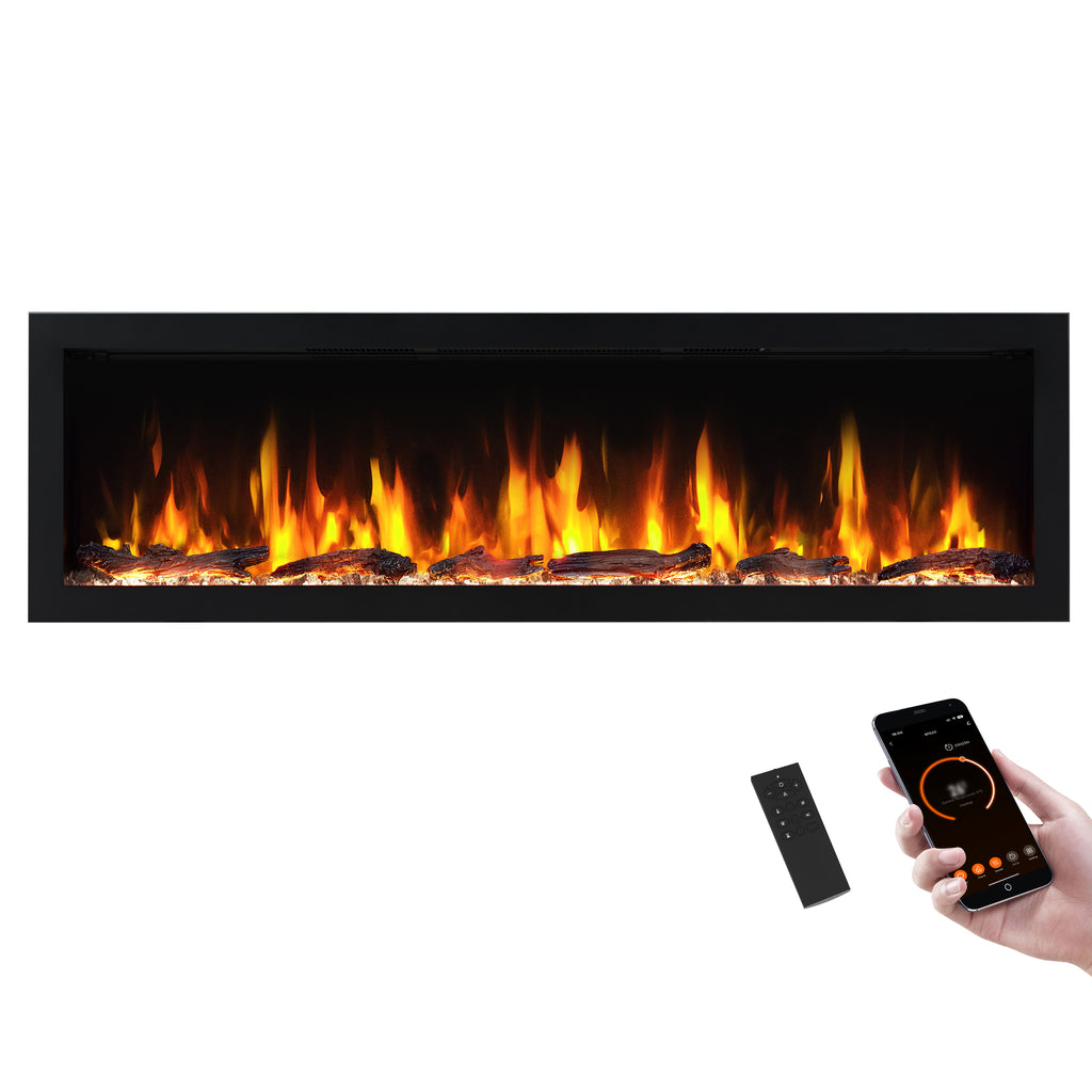 PuraFlame Bernice 42/50/60/72 Inch Smart Linear Electric Fireplace - Hidden Vent Design for Clean Look, Flame with 9 Colors, Recessed in-Wall or Wall-Mount or Free Standing, Compatible with Alexa and Google Assistant