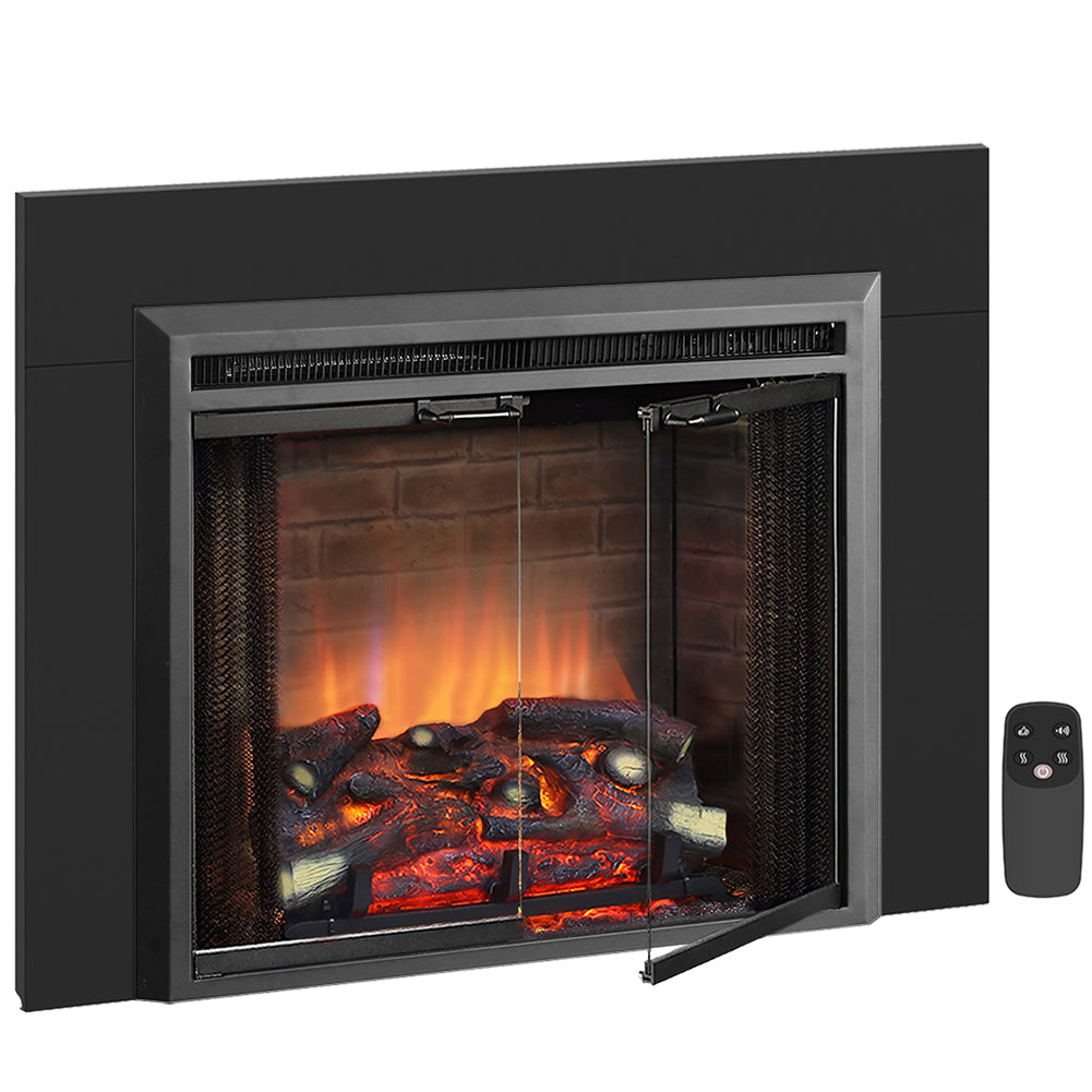 PuraFlame Klaus 26” Electric Fireplace Insert with Trim Kit, Fire Crackling Sound, Resin Log, Glass Door and Mesh Screen, 750/1500W heater, Black