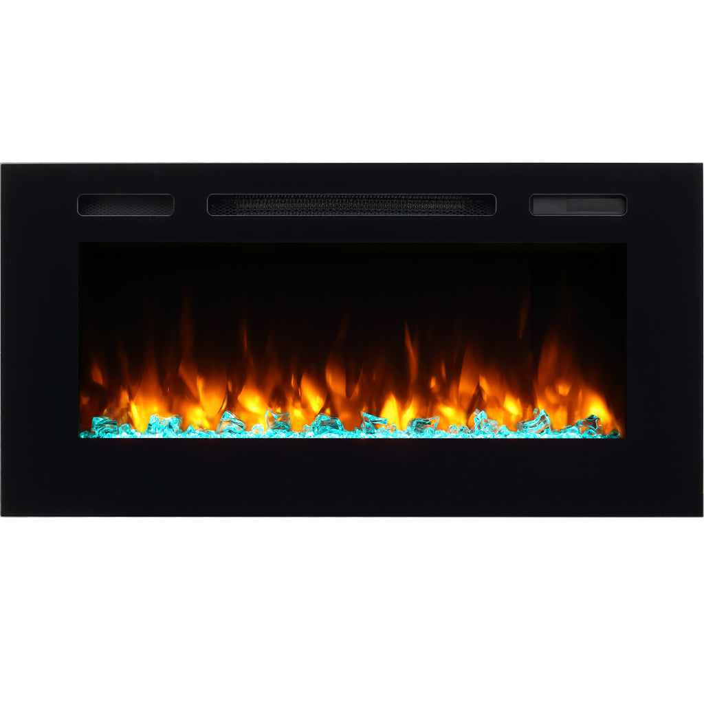 PuraFlame Alice 40&68 Inches Recessed Electric Fireplace, Flush Mounted for 2 X 6 Stud, Log Set & Crystal, 1500W Heater, Black