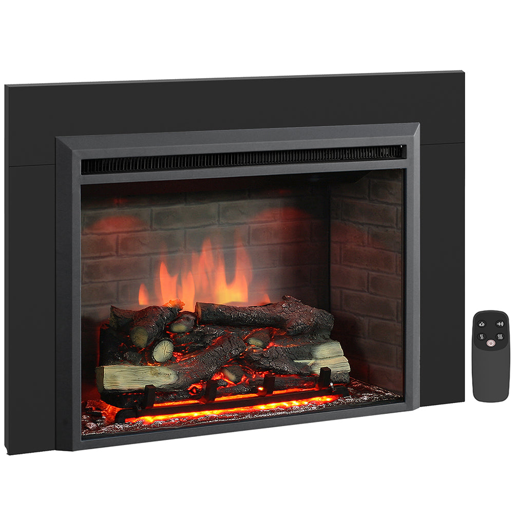 PuraFlame Western 30” Electric Fireplace Insert with Trim Kit, Fire Crackling Sound, Resin Log, Remote Control, 750/1500W Heater, Black