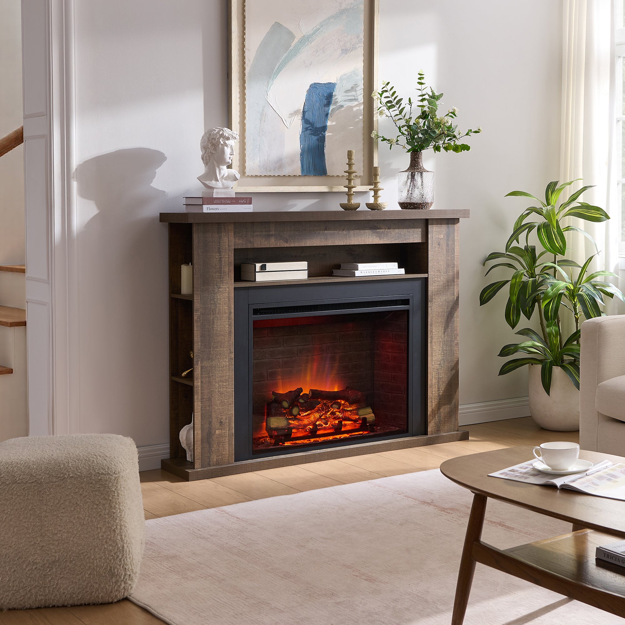 PuraFlame Fireplace Suite, 56 Inch Mantel Surround, Rustic Dark Oak Veneer, with Western 33” Electric Fireplace Insert, 750W/1500W, Adjustable Flame, Remote
