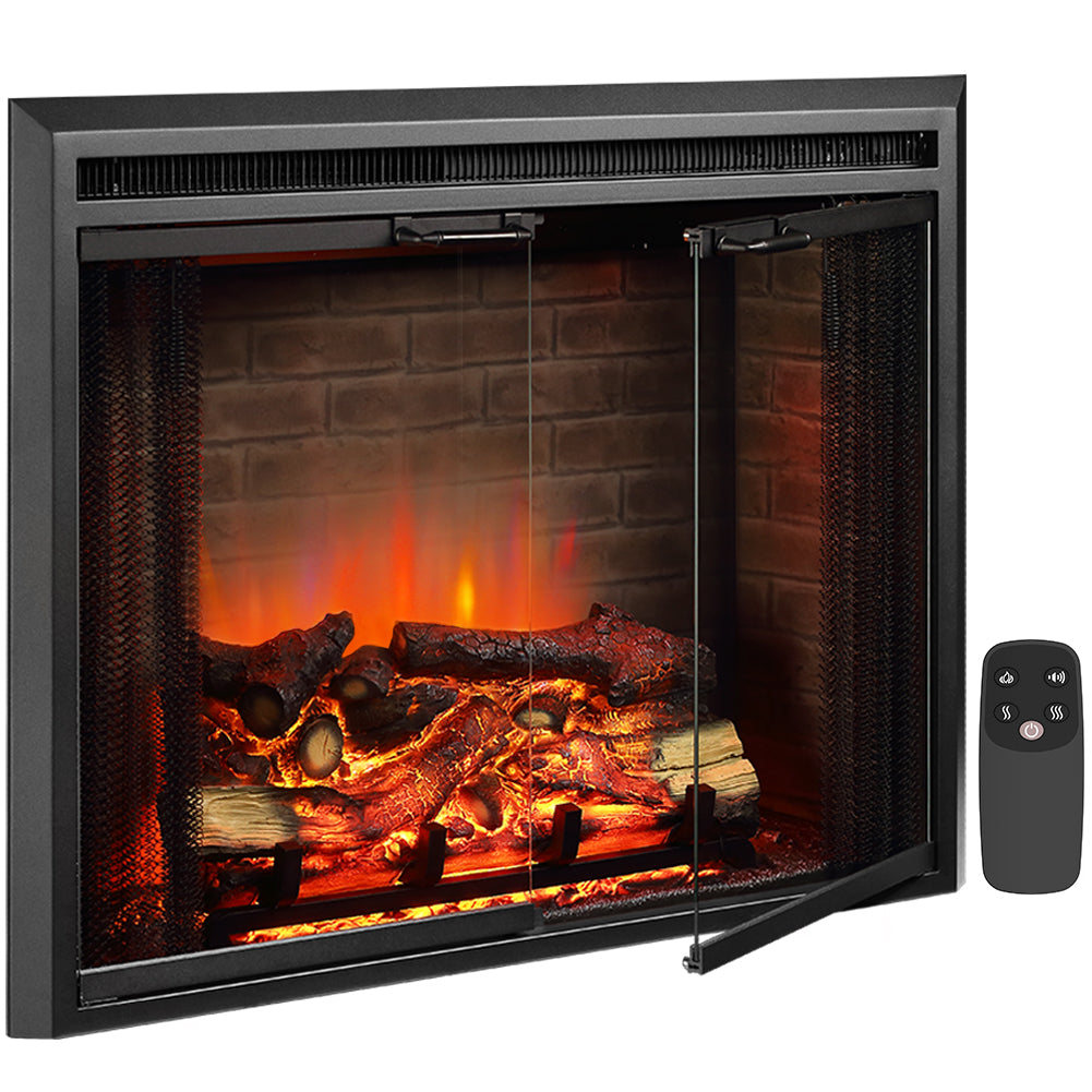 PuraFlame 33” Klaus Electric Fireplace Insert with Fire Crackling Sound Glass Door and Mesh Screen