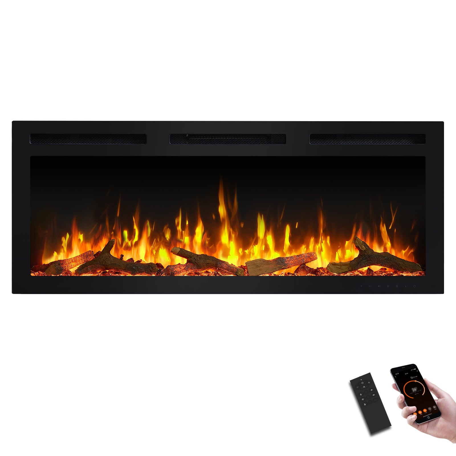 PuraFlame Alice Pro 50/60 Inches, Wall Mounted / In Wall Recessed Electric Fireplace, 6 Flame Colors, Log Set & Crystal, 1500W Heater, Compatible with Alexa and Google Assistant
