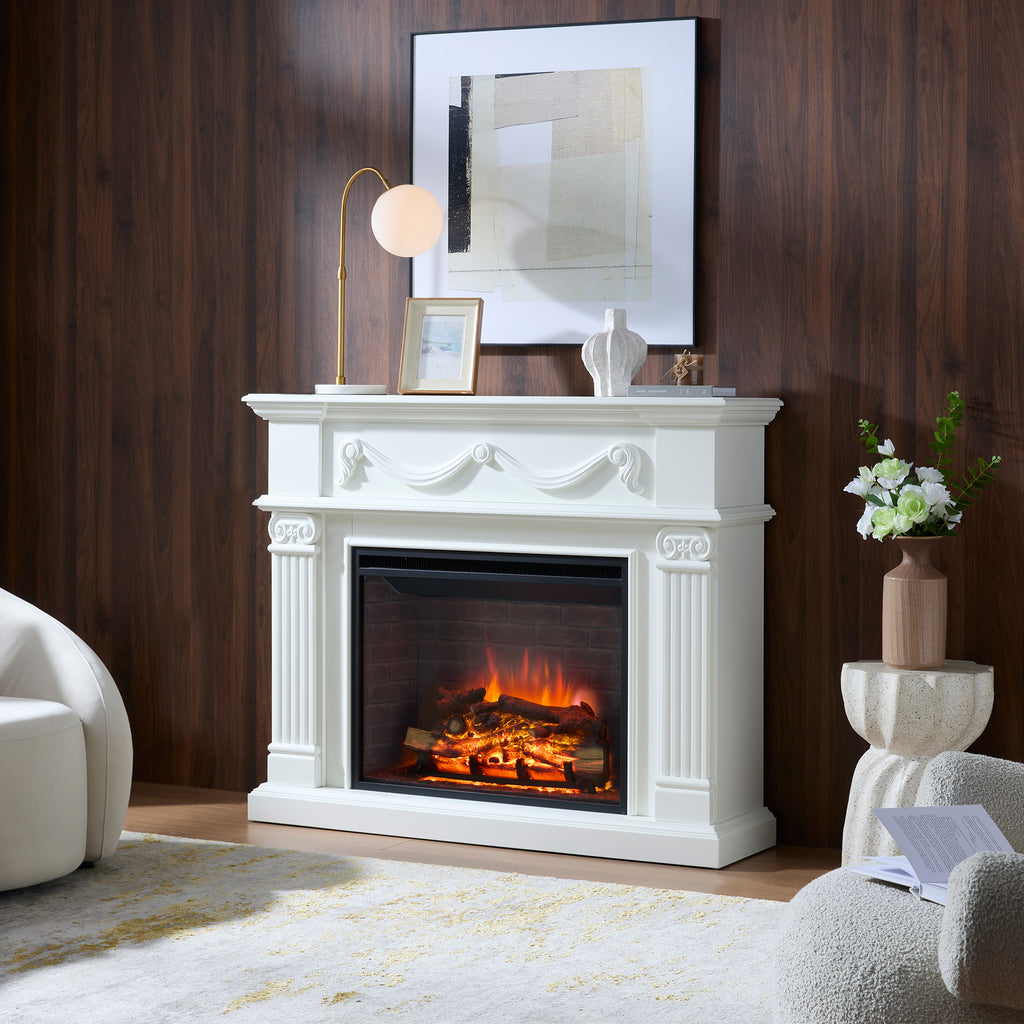 PuraFlame Fireplace Suite, 52 Inch Mantel Surround, Cream White with Exquisite Carving, with Western 30” Electric Fireplace Insert, 750W/1500W, Adjustable Flame, Remote
