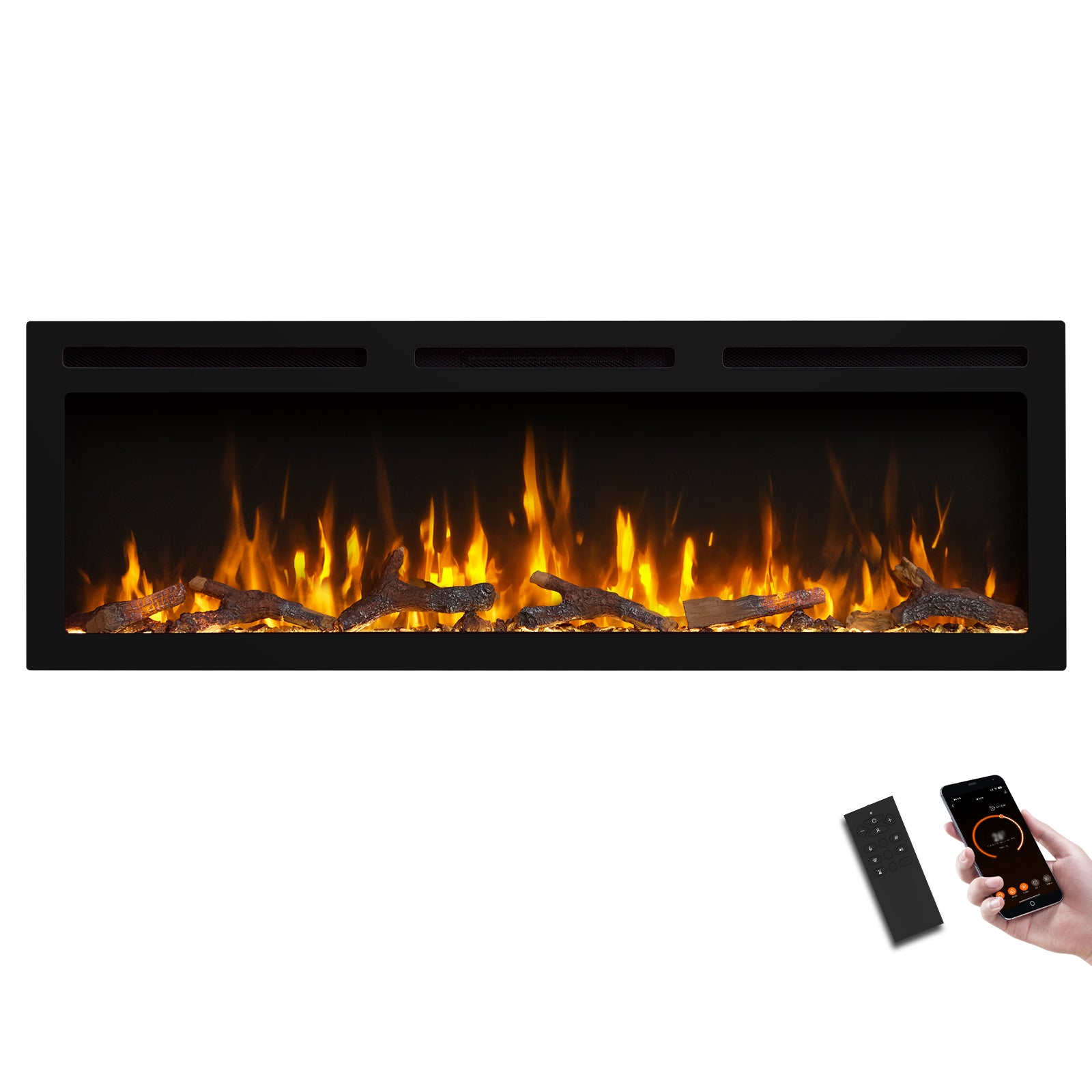 PuraFlame Alice Pro 50/60 Inches, Wall Mounted / In Wall Recessed Electric Fireplace, 6 Flame Colors, Log Set & Crystal, 1500W Heater, Compatible with Alexa and Google Assistant