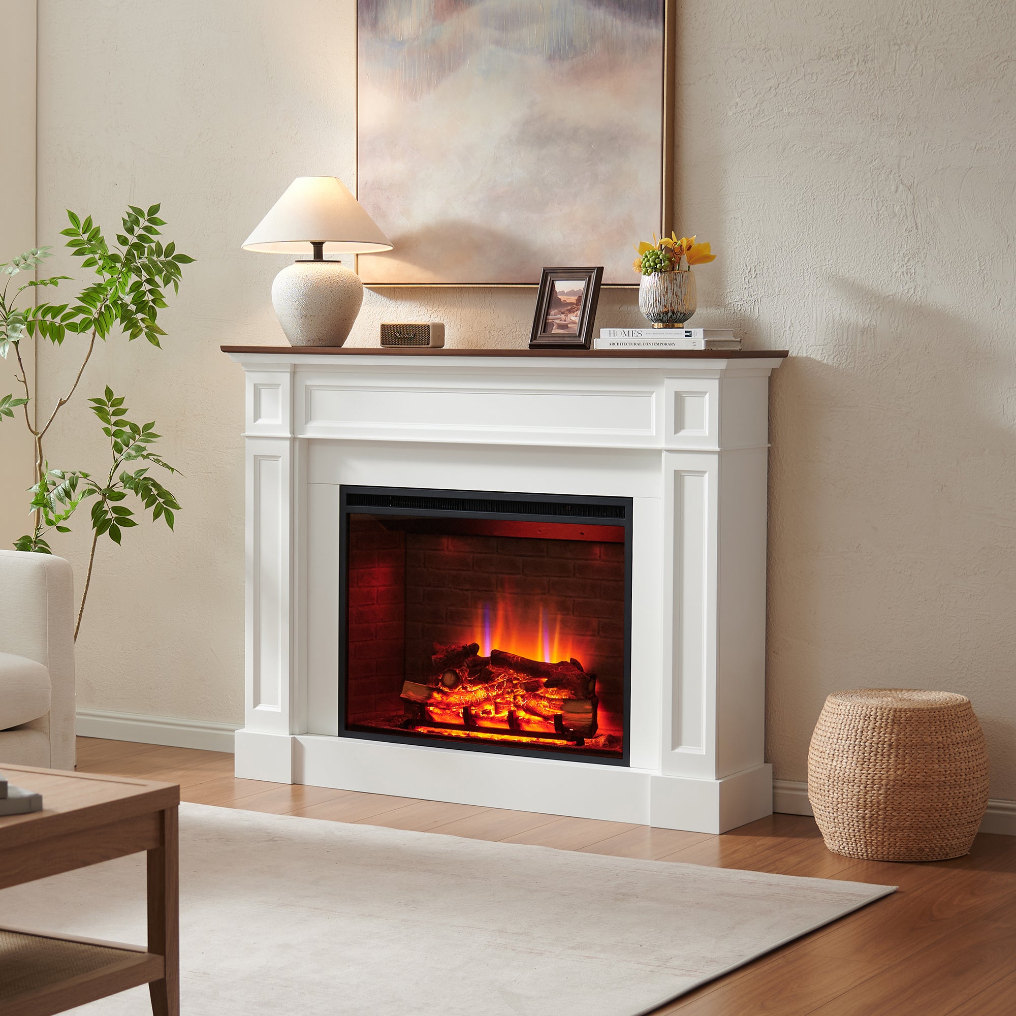 PuraFlame Fireplace Suite, 57 Inch Mantel Surround, Cream White with Dark Walnut-colored Veneer Top, with Western 33” Electric Fireplace Insert, 750W/1500W, Adjustable Flame, Remote