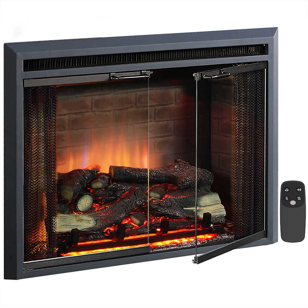 PuraFlame 30” Klaus Electric Fireplace Insert with Fire Crackling Sound Glass Door and Mesh Screen