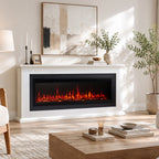 PuraFlame John 50” Electric Fireplace with 66” White Mantel Surround | Realistic log, bright flame; Crystals included; 12 colors of flame & fuel bed; Smart controlled; White paint; Clean design;
