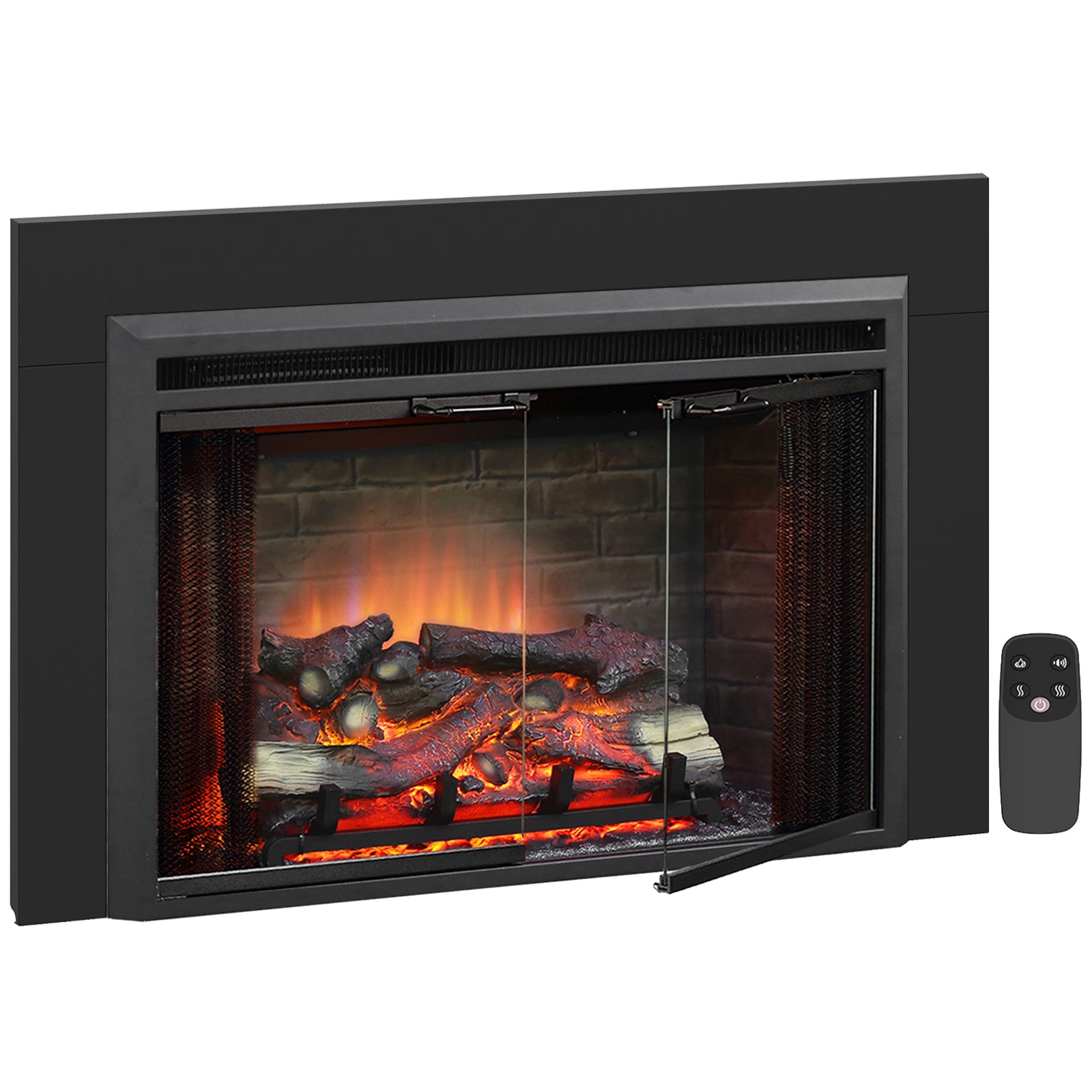 PuraFlame Klaus 33” x 21” Electric Fireplace Insert with Trim Kit, Fire Crackling Sound, Resin Log, Glass Door and Mesh Screen, 750/1500W heater, Black