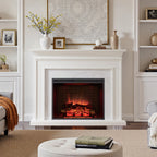 PuraFlame Fireplace Suite, 60 Inch Mantel Surround, Cream White with Light Grey Marble Veneer, with Western 33” Electric Fireplace Insert, 750W/1500W, Adjustable Flame, Remote
