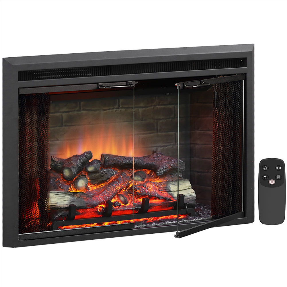 PuraFlame 33” Low Klaus Electric Fireplace Insert with Fire Crackling Sound Glass Door and Mesh Screen