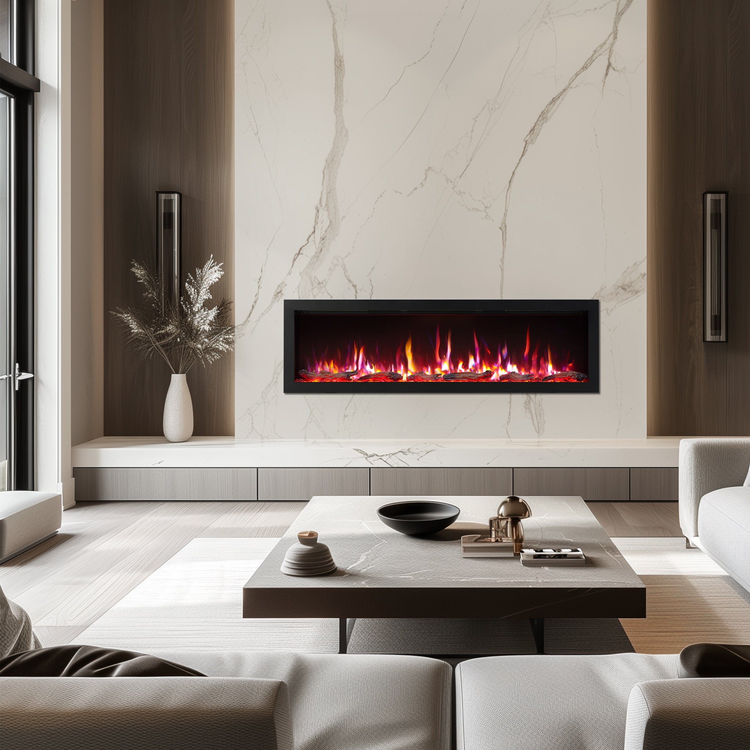 PuraFlame Bernice 42/50/60/72 Inch Smart Linear Electric Fireplace - Hidden Vent Design for Clean Look, Flame with 9 Colors, Recessed in-Wall or Wall-Mount or Free Standing, Compatible with Alexa and Google Assistant