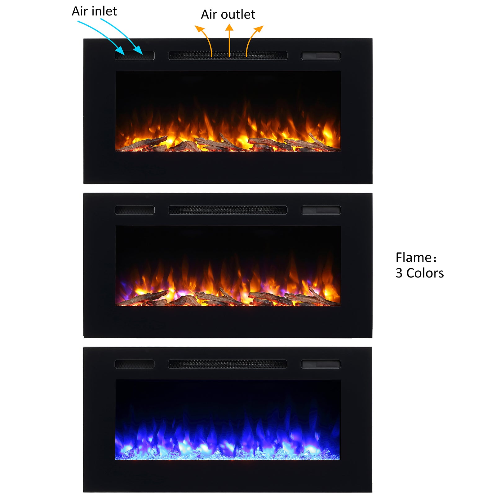 PuraFlame Alice 40&68 Inches Recessed Electric Fireplace, Flush Mounted for 2 X 6 Stud, Log Set & Crystal, 1500W Heater, Black