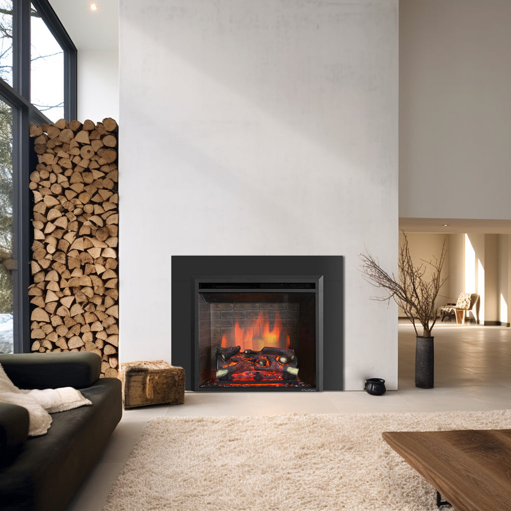 PuraFlame Western 26” Electric Fireplace Insert with Trim Kit, Fire Crackling Sound, Resin Log, Remote Control, 750/1500W Heater, Black