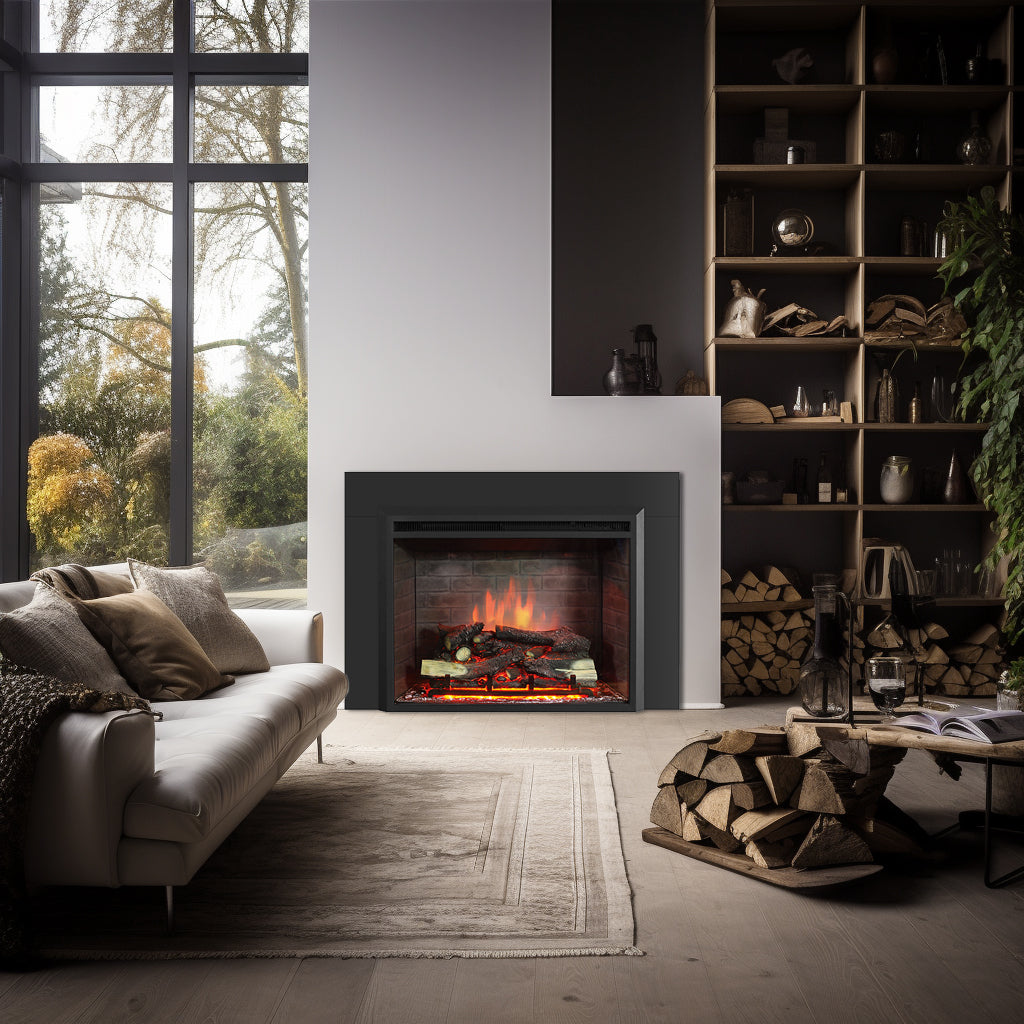 PuraFlame Western 30” Electric Fireplace Insert with Trim Kit, Fire Crackling Sound, Resin Log, Remote Control, 750/1500W Heater, Black