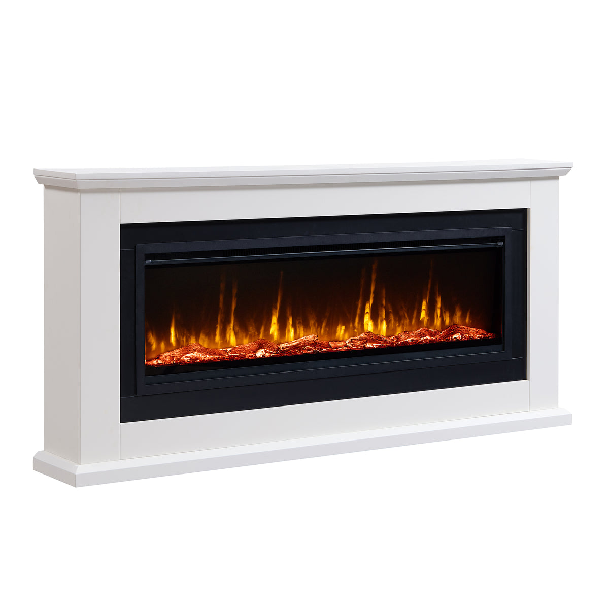 PuraFlame John 50” Electric Fireplace with 66” White Mantel Surround | Realistic log, bright flame; Crystals included; 12 colors of flame & fuel bed; Smart controlled; White paint; Clean design;