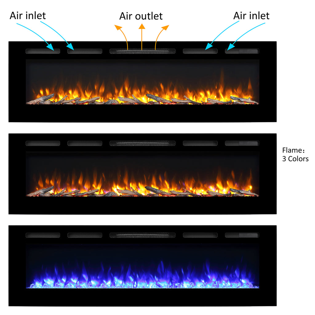 PuraFlame Alice 40&68 Inches Recessed Electric Fireplace, Flush Mounted for 2 X 6 Stud, Log Set & Crystal, 1500W Heater, Black