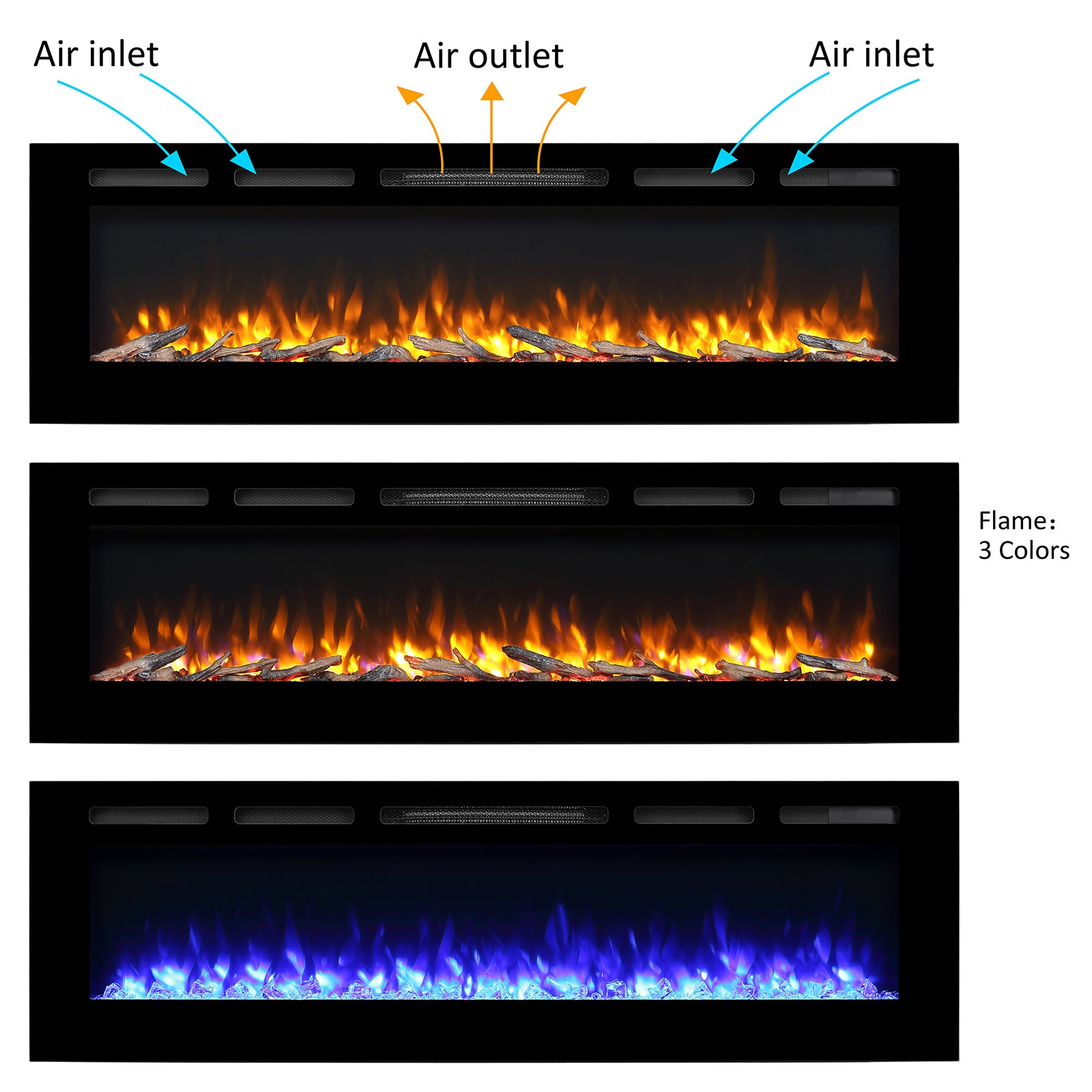 PuraFlame Alice 40&68 Inches Recessed Electric Fireplace, Flush Mounted for 2 X 6 Stud, Log Set & Crystal, 1500W Heater, Black