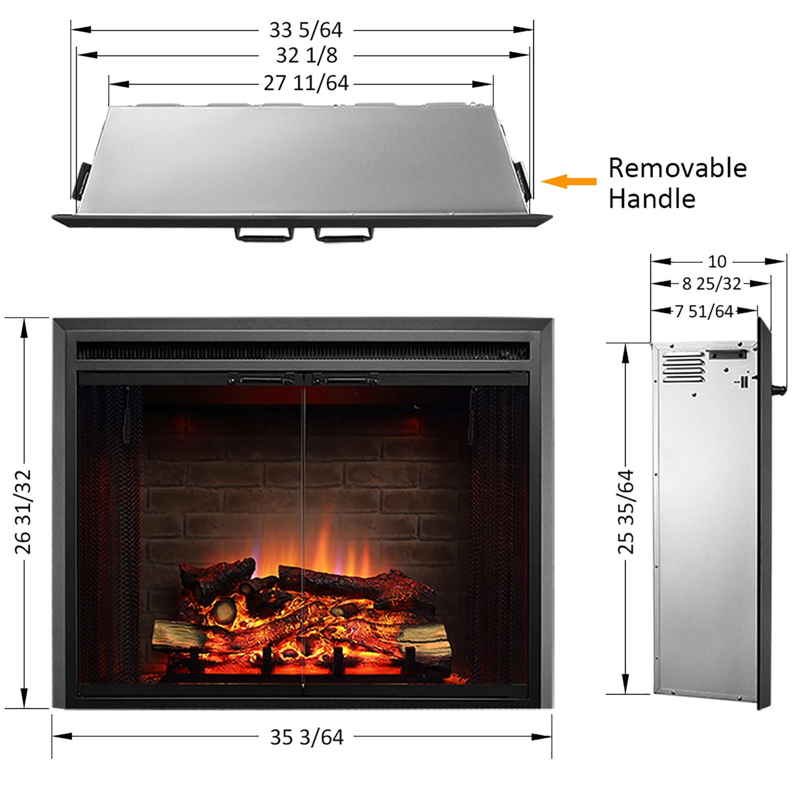 PuraFlame 33” Klaus Electric Fireplace Insert with Fire Crackling Sound Glass Door and Mesh Screen