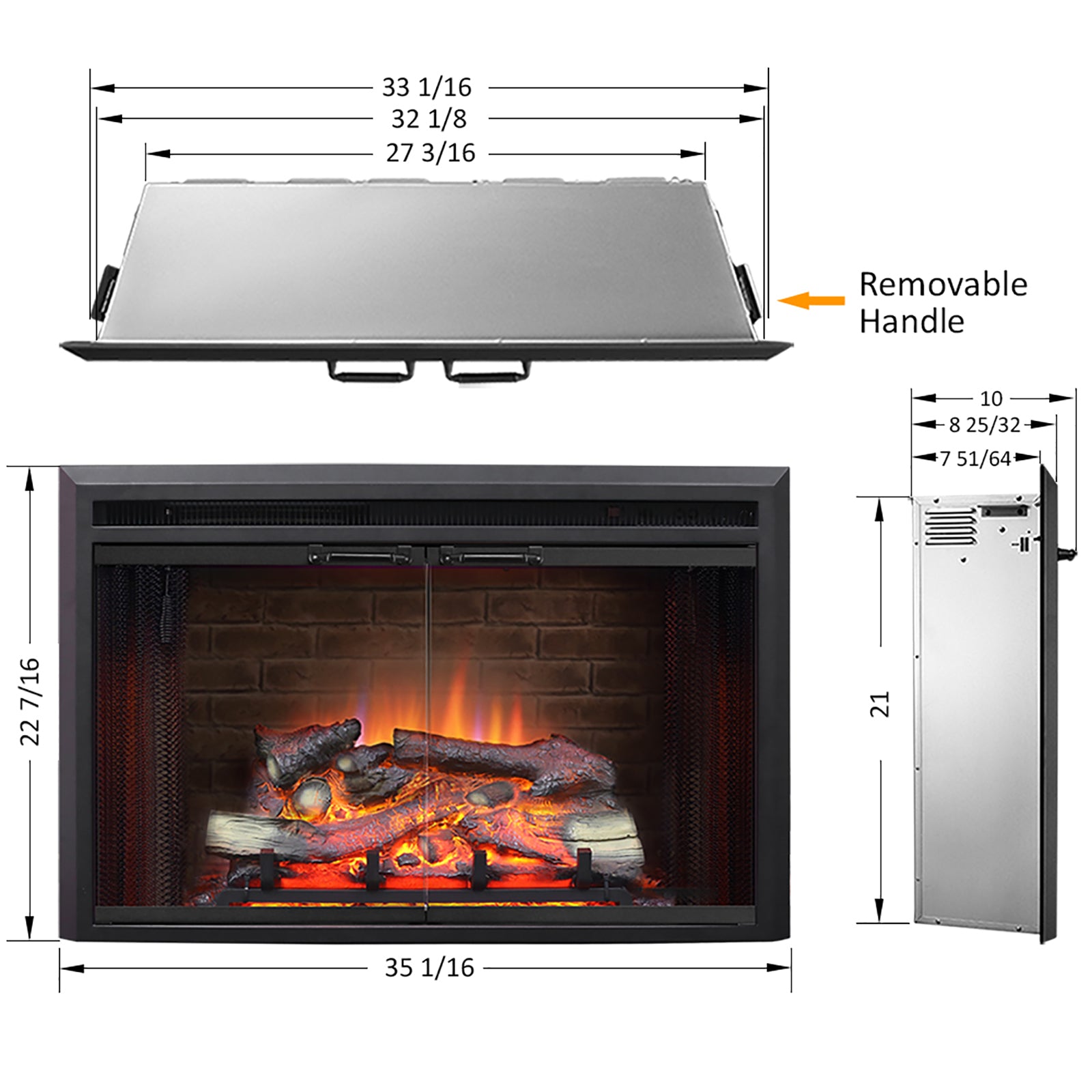 PuraFlame 33” Low Klaus Electric Fireplace Insert with Fire Crackling Sound Glass Door and Mesh Screen