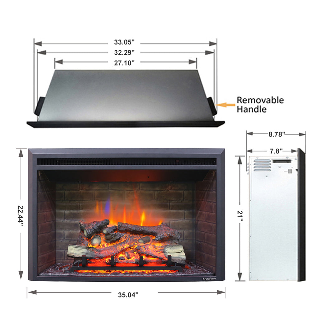 PuraFlame 33” Low Western Electric Fireplace Insert with Fire Crackling Sound