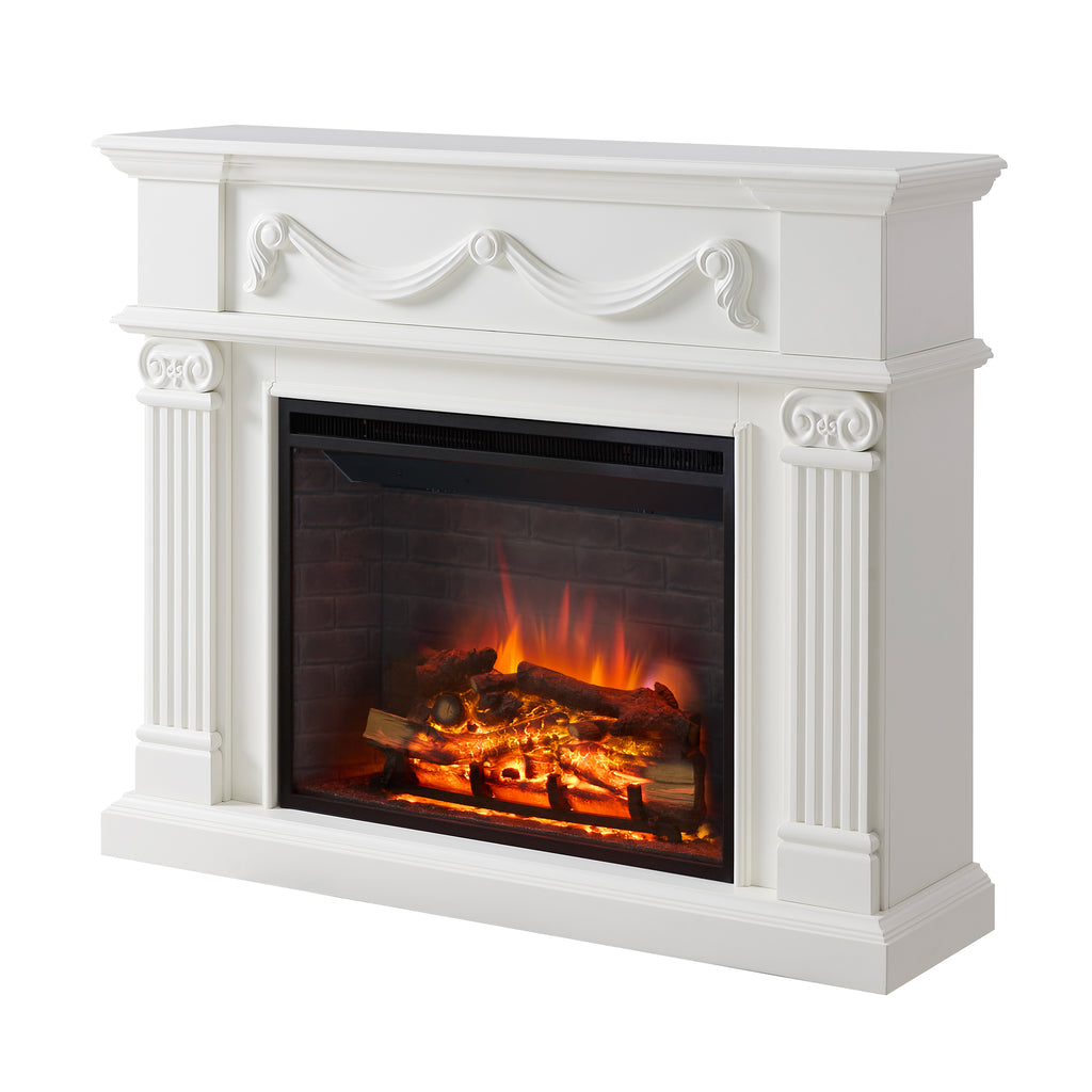 PuraFlame Fireplace Suite, 52 Inch Mantel Surround, Cream White with Exquisite Carving, with Western 30” Electric Fireplace Insert, 750W/1500W, Adjustable Flame, Remote