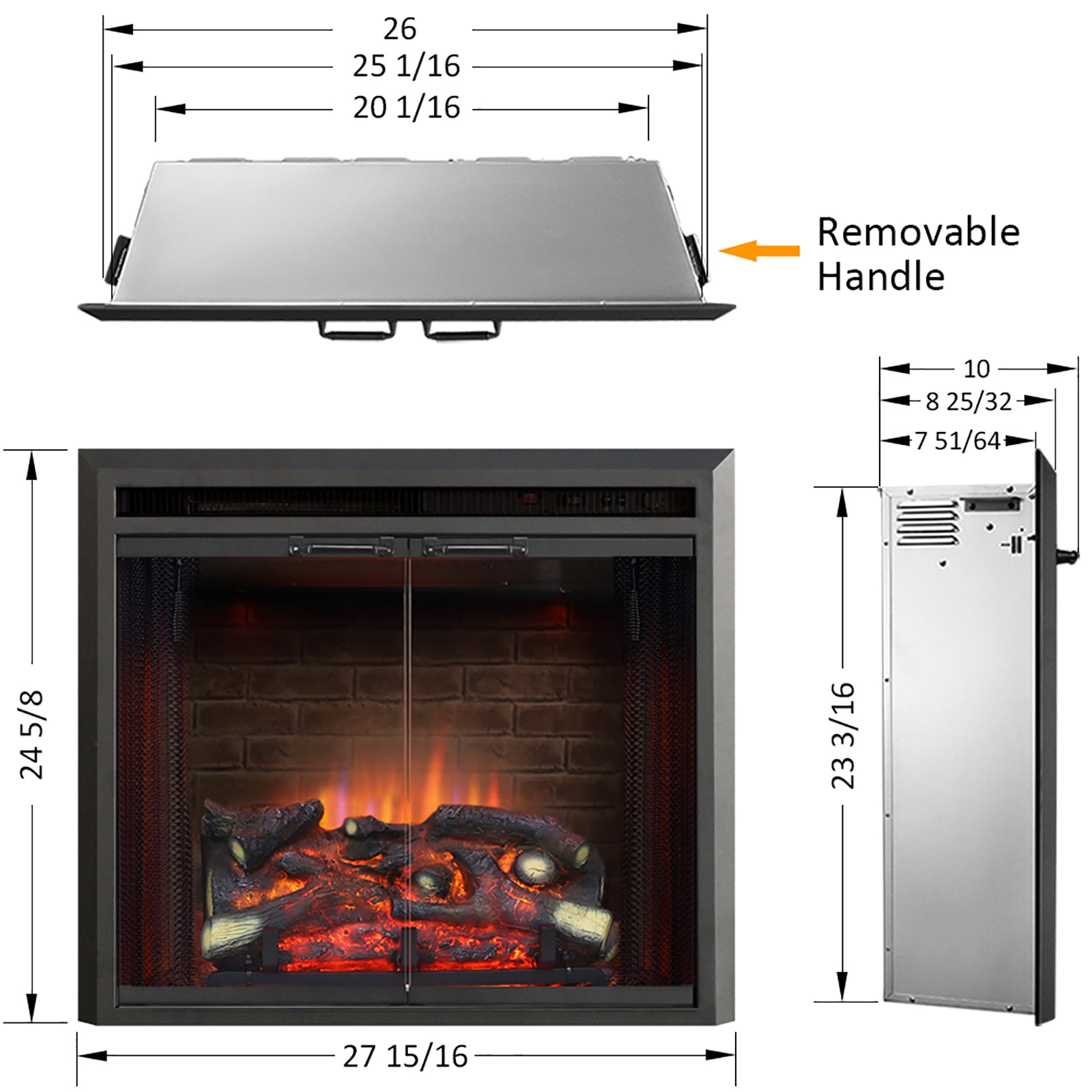 PuraFlame 26” Klaus Electric Fireplace Insert with Fire Crackling Sound Glass Door and Mesh Screen
