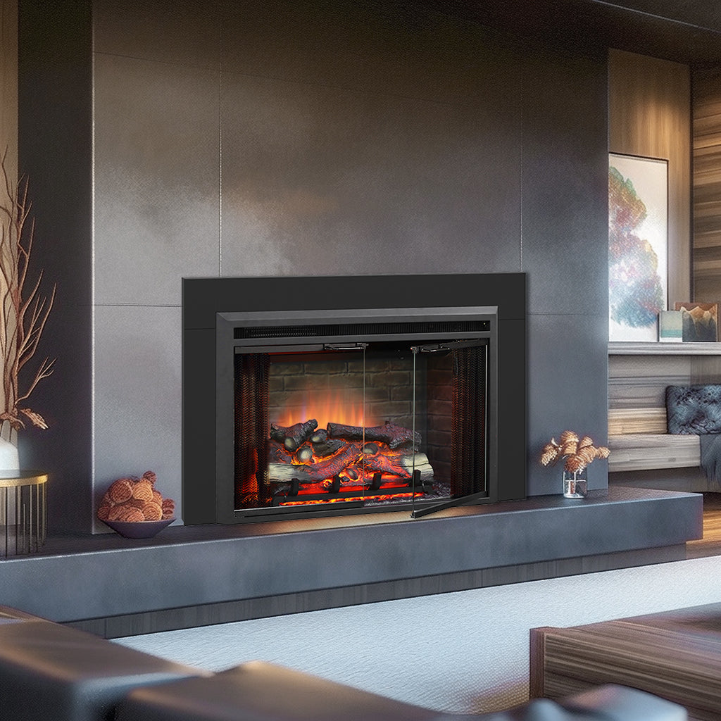 PuraFlame Klaus 33” x 21” Electric Fireplace Insert with Trim Kit, Fire Crackling Sound, Resin Log, Glass Door and Mesh Screen, 750/1500W heater, Black