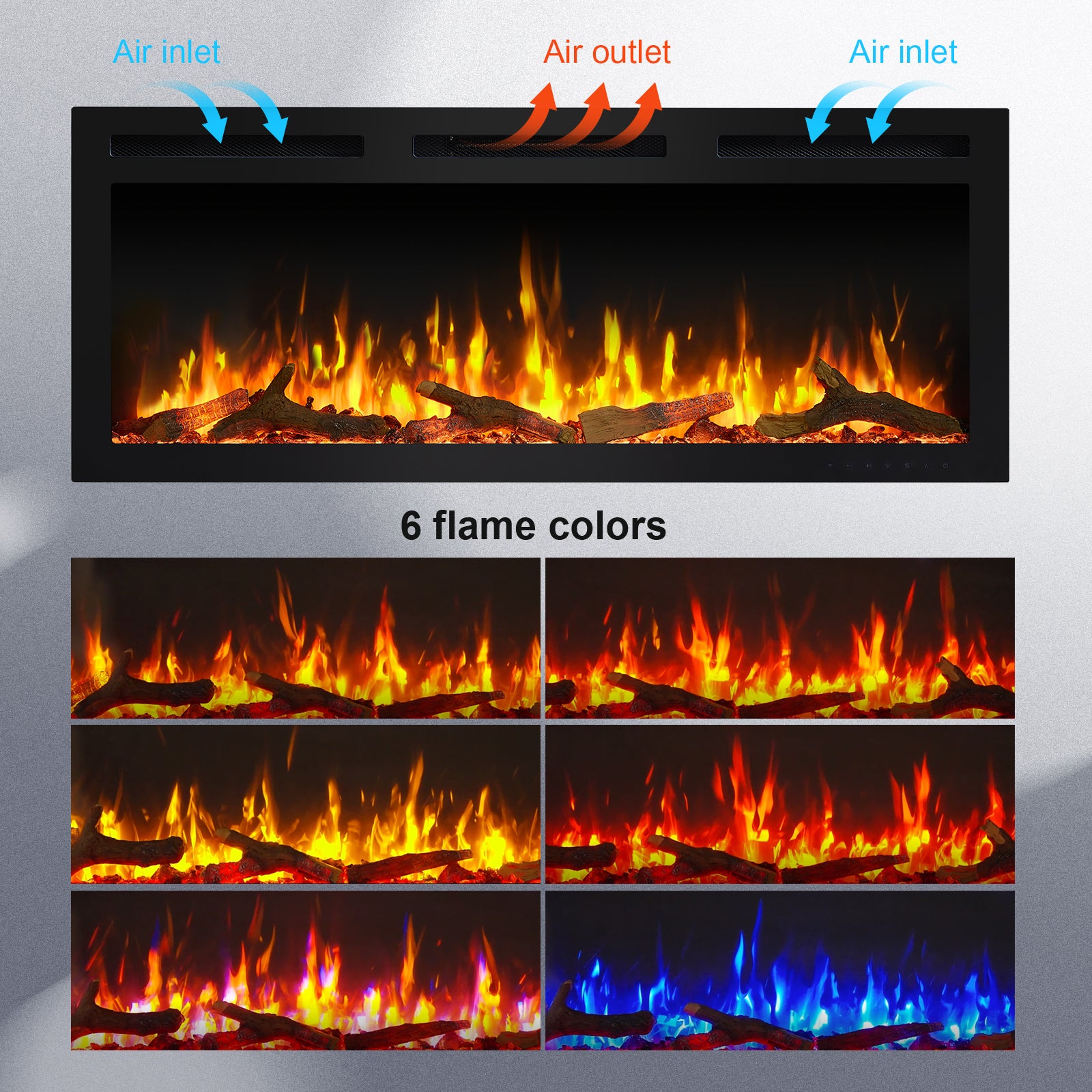 PuraFlame Alice Pro 50/60 Inches, Wall Mounted / In Wall Recessed Electric Fireplace, 6 Flame Colors, Log Set & Crystal, 1500W Heater, Compatible with Alexa and Google Assistant
