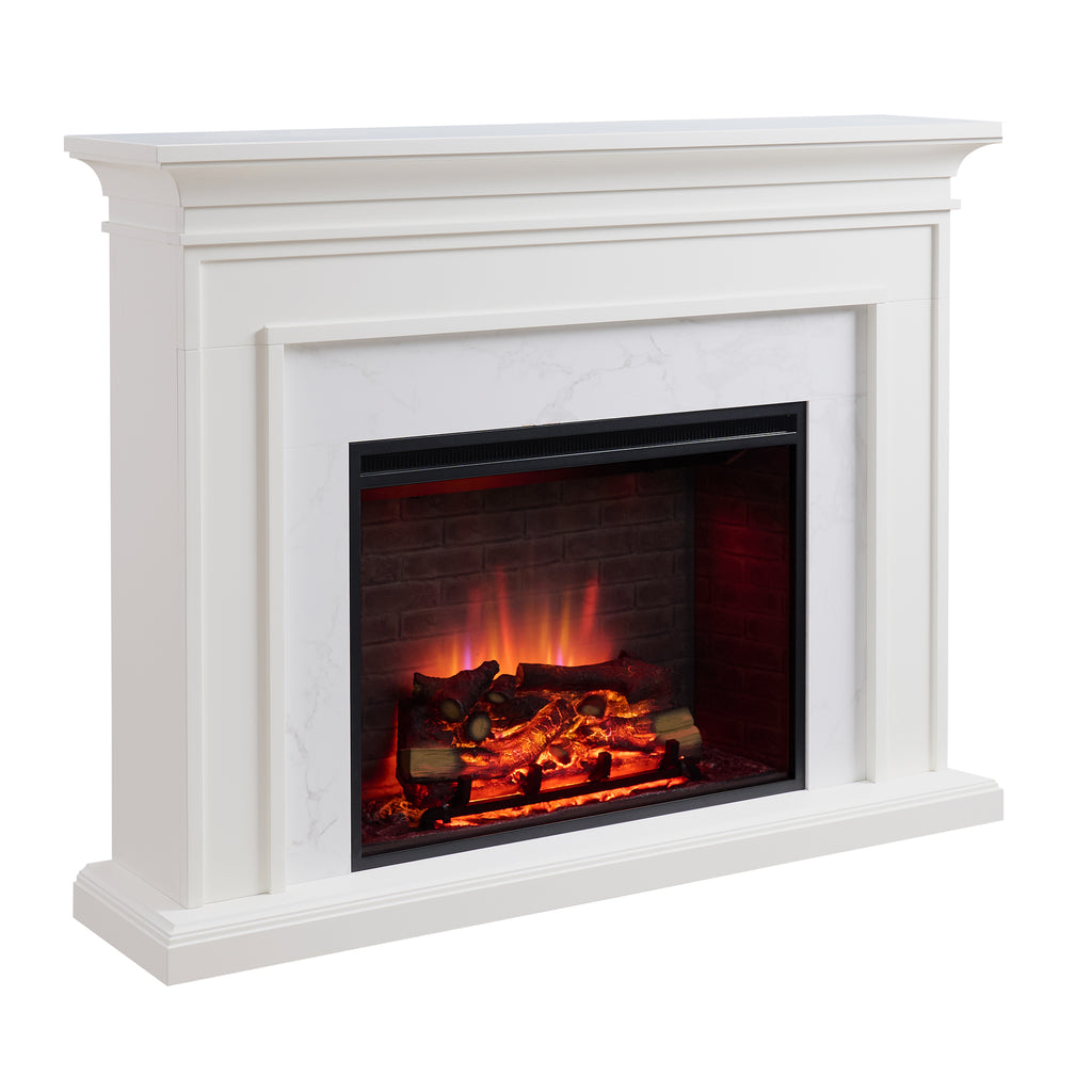 PuraFlame Fireplace Suite, 60 Inch Mantel Surround, Cream White with Light Grey Marble Veneer, with Western 33” Electric Fireplace Insert, 750W/1500W, Adjustable Flame, Remote