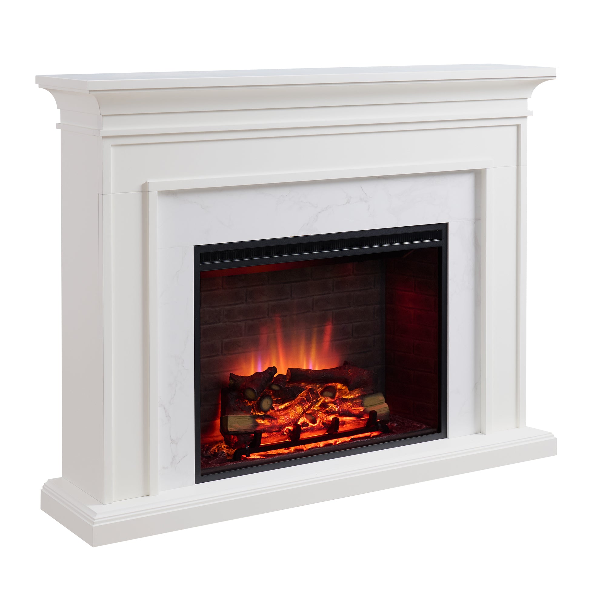 PuraFlame Fireplace Suite, 60 Inch Mantel Surround, Cream White with Light Grey Marble Veneer, with Western 33” Electric Fireplace Insert, 750W/1500W, Adjustable Flame, Remote