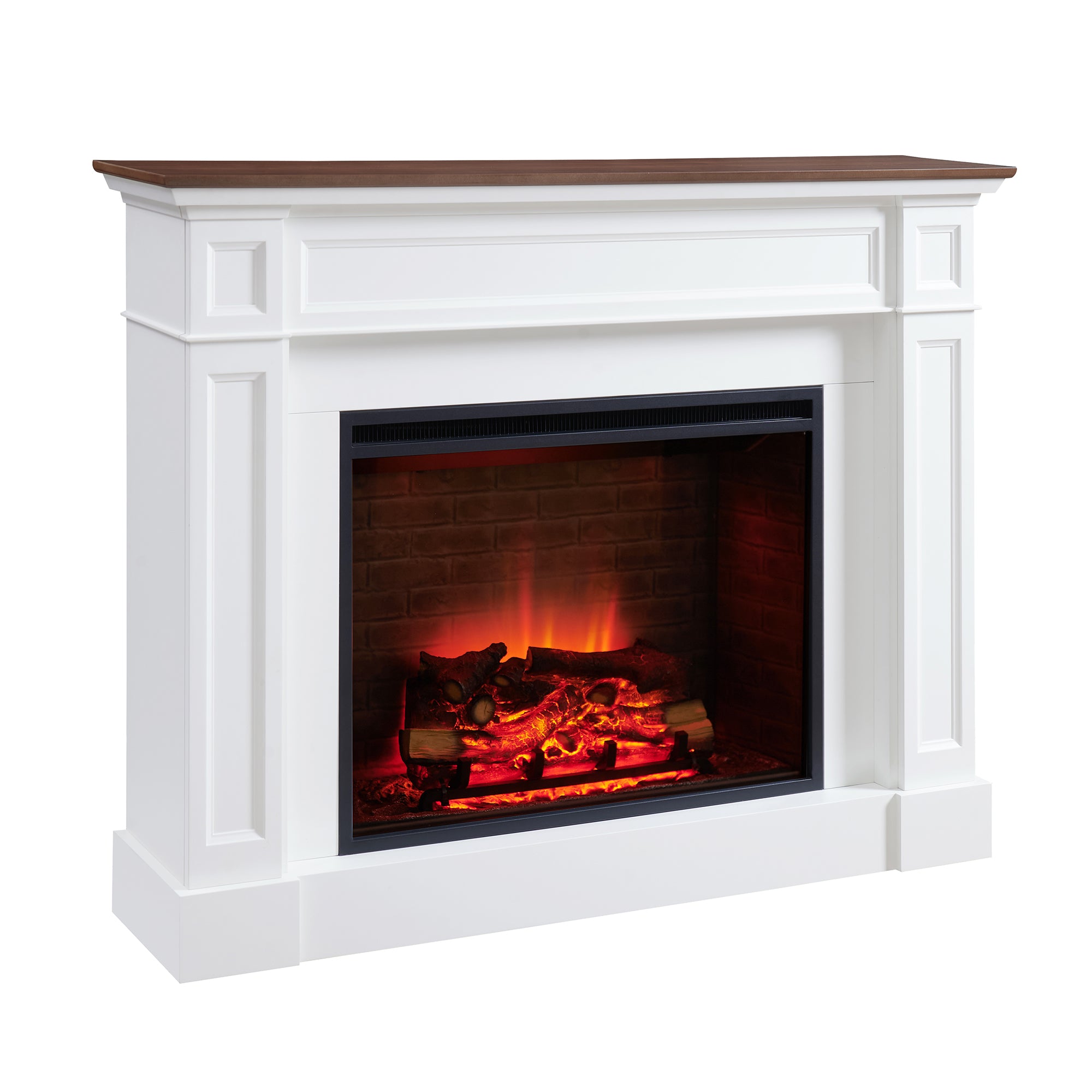 PuraFlame Fireplace Suite, 57 Inch Mantel Surround, Cream White with Dark Walnut-colored Veneer Top, with Western 33” Electric Fireplace Insert, 750W/1500W, Adjustable Flame, Remote