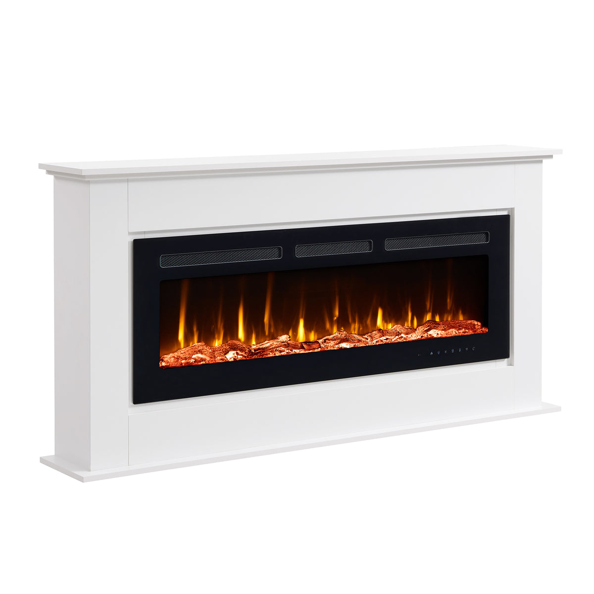 PuraFlame Henry 50” Electric Fireplace with 63” Mantel Surround | Realistic log, bright flame; Crystals included; 12 flame colors; Smart controlled; Child lock; White veneer; Clean design;