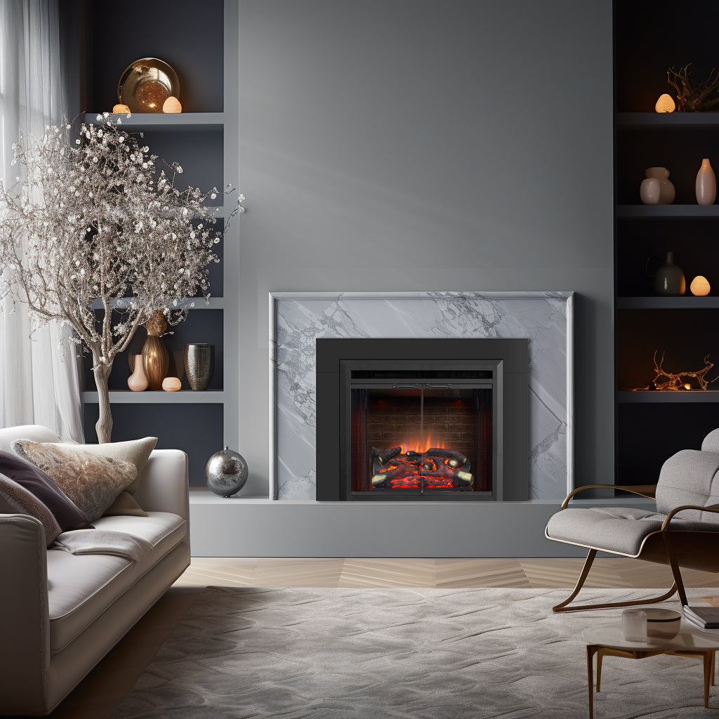 PuraFlame Klaus 26” Electric Fireplace Insert with Trim Kit, Fire Crackling Sound, Resin Log, Glass Door and Mesh Screen, 750/1500W heater, Black
