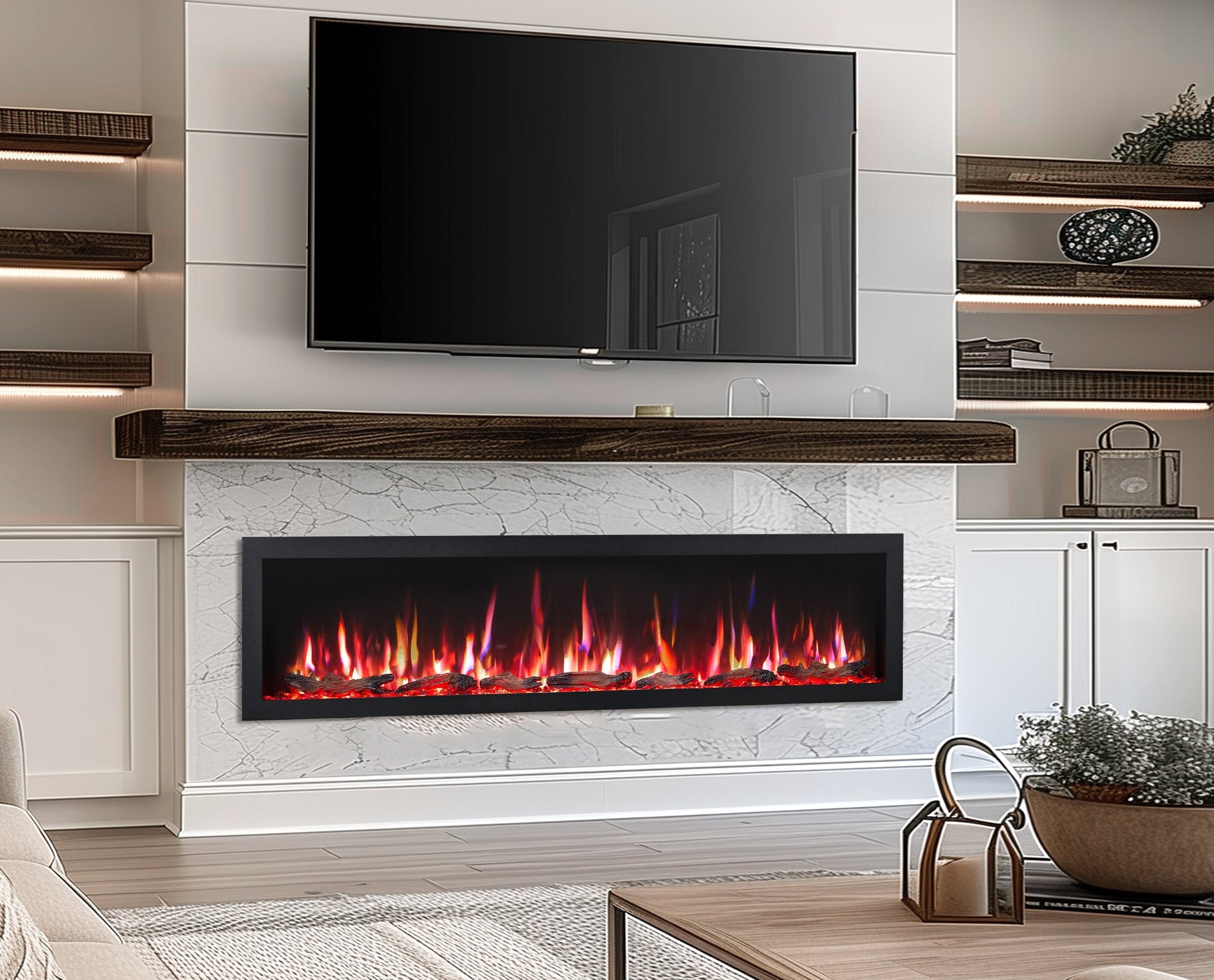 PuraFlame Bernice 42/50/60/72 Inch Smart Linear Electric Fireplace - Hidden Vent Design for Clean Look, Flame with 9 Colors, Recessed in-Wall or Wall-Mount or Free Standing, Compatible with Alexa and Google Assistant