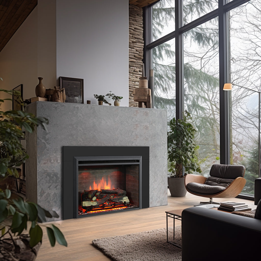 PuraFlame Western 33” Electric Fireplace Insert with Trim Kit, Fire Crackling Sound, Resin Log, Remote Control, 750/1500W Heater, Black