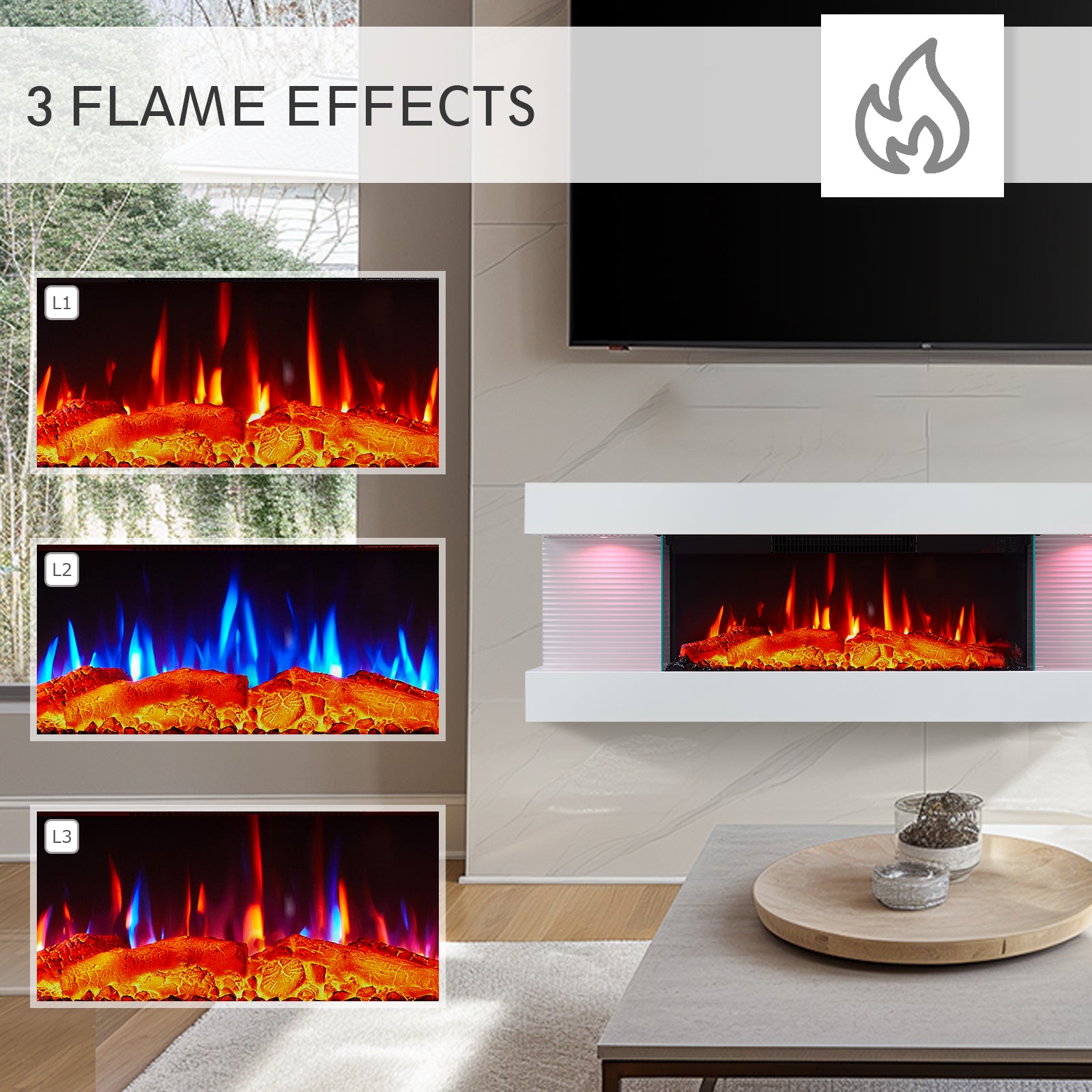 PuraFlame ALSA 44 Inch Wall Mounted Electric Fireplace All-in-One with Multi Ambient Light Colors, Remote, 1500W Heater, White