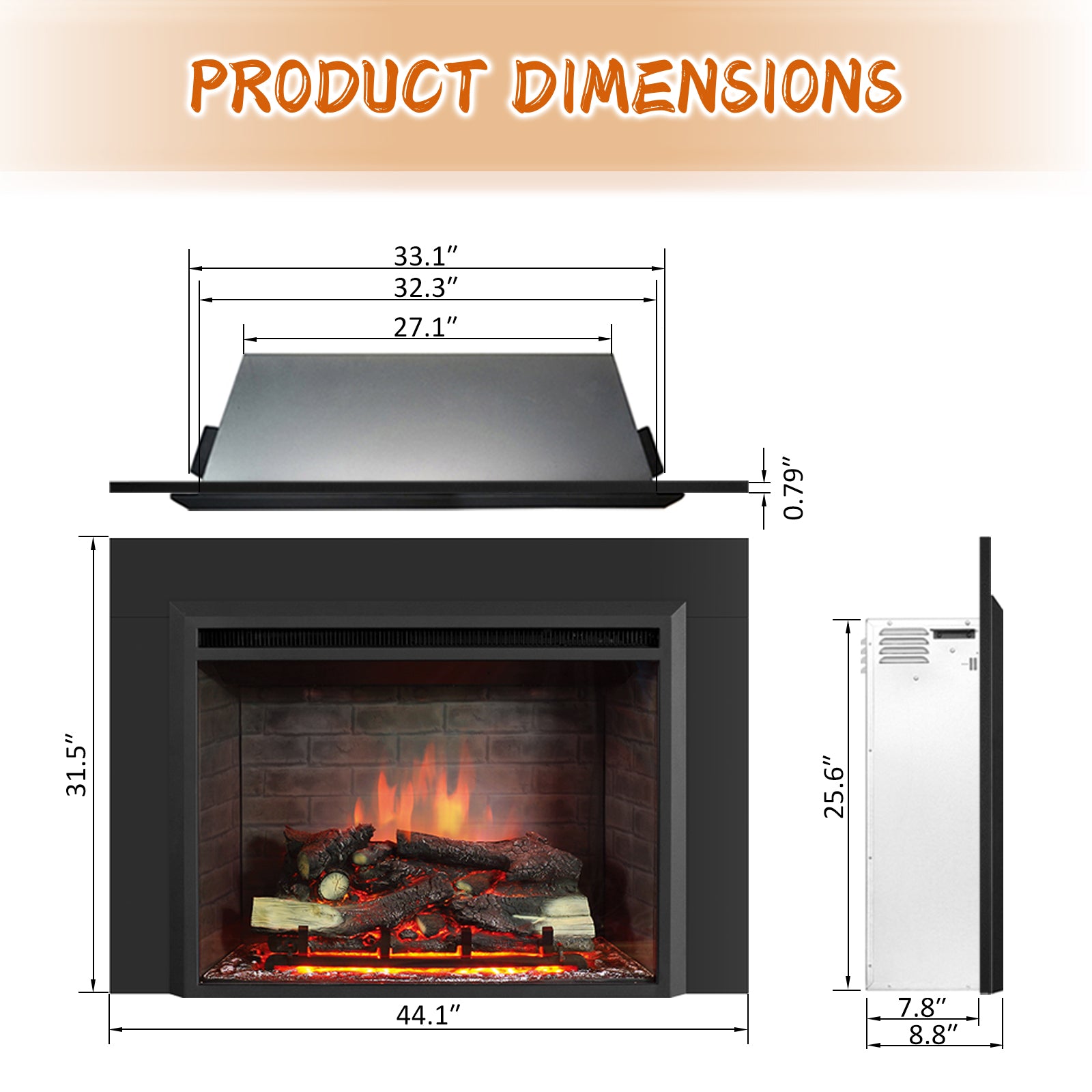 PuraFlame Western 33” Electric Fireplace Insert with Trim Kit, Fire Crackling Sound, Resin Log, Remote Control, 750/1500W Heater, Black