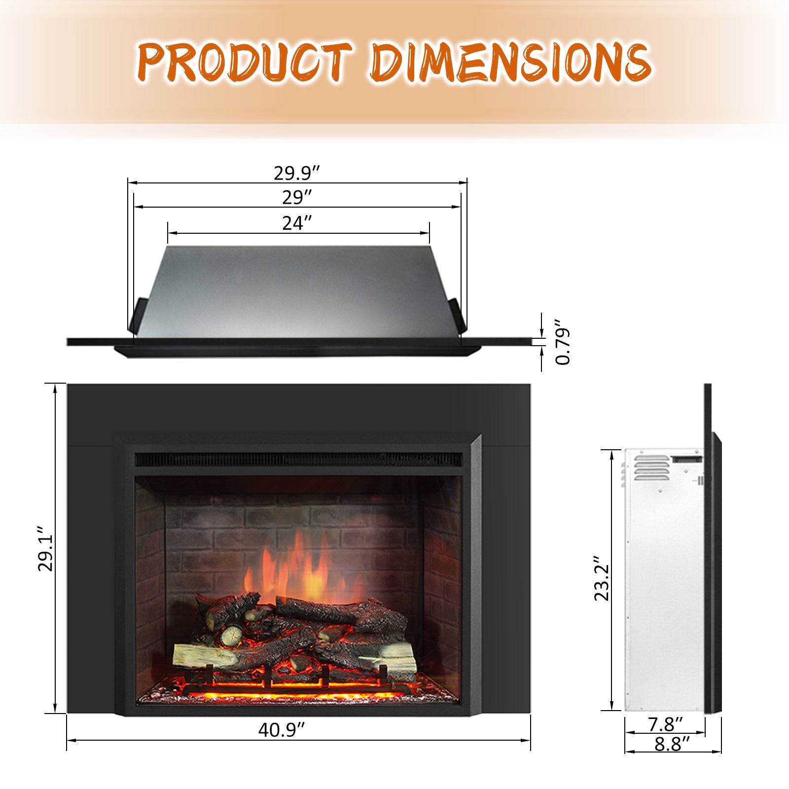 PuraFlame Western 30” Electric Fireplace Insert with Trim Kit, Fire Crackling Sound, Resin Log, Remote Control, 750/1500W Heater, Black