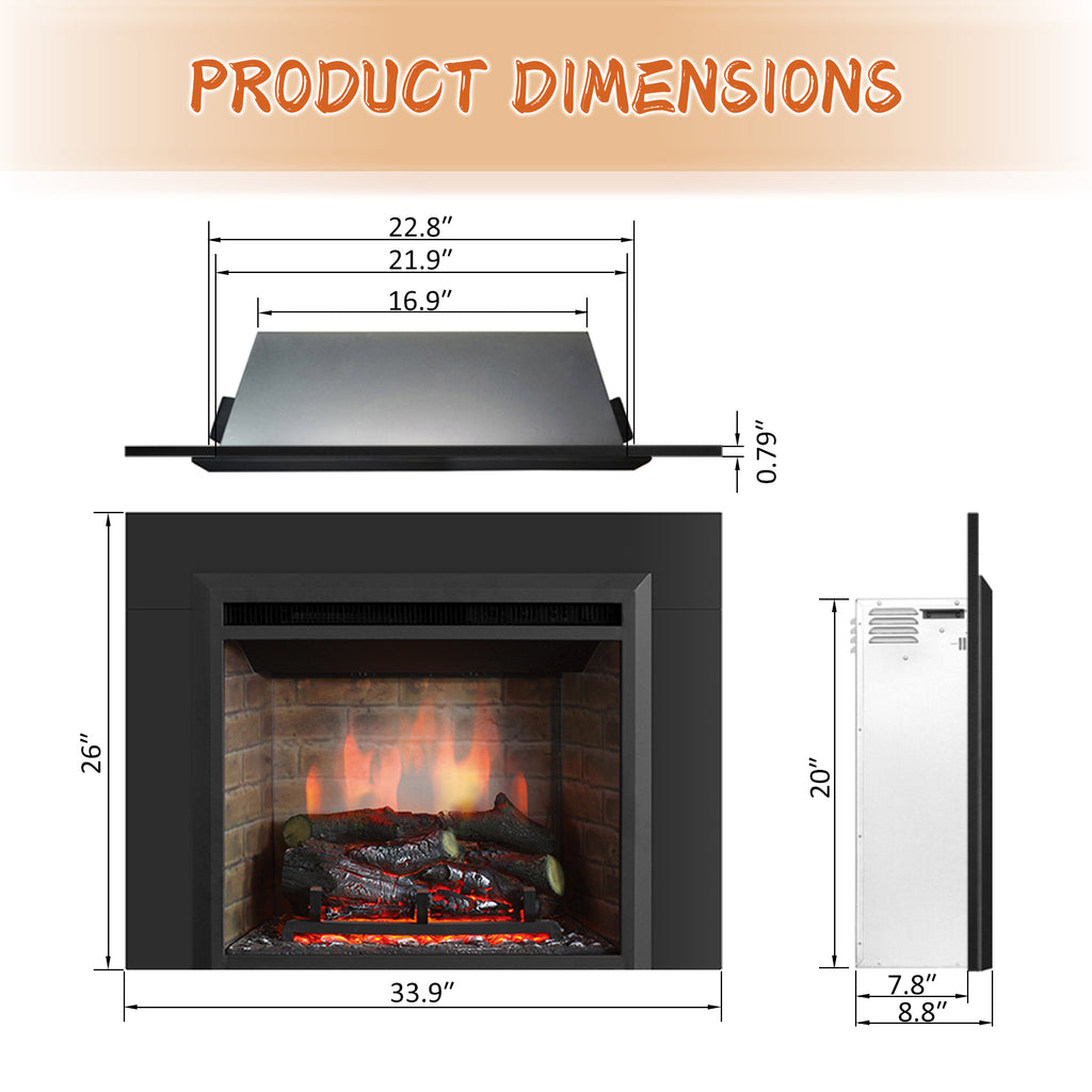 PuraFlame Western 23” Electric Fireplace Insert with Trim Kit, Fire Crackling Sound, Resin Log, Remote Control, 750/1500W Heater, Black