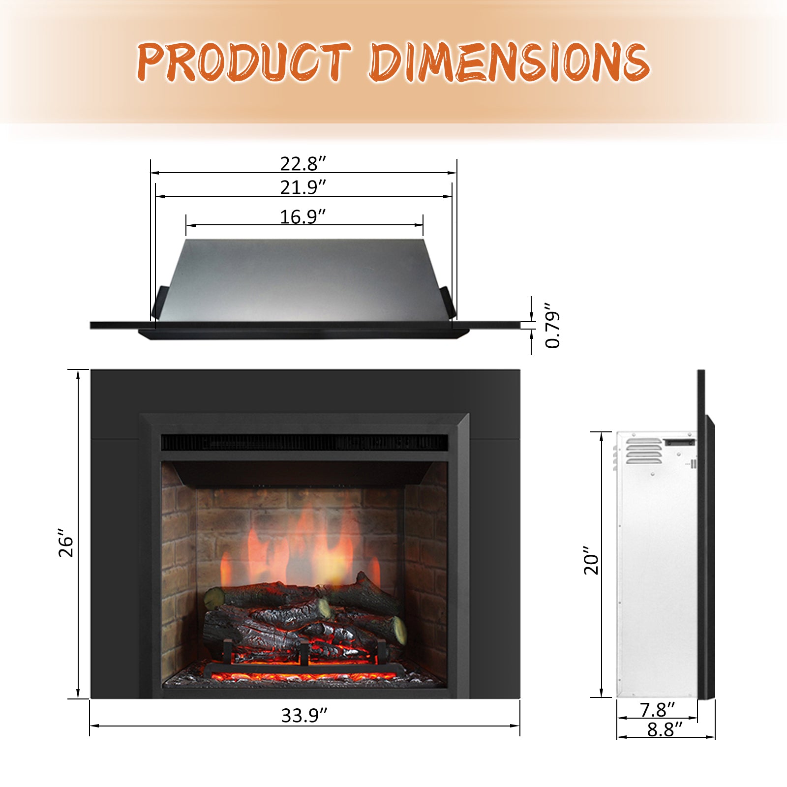 PuraFlame Western 23” Electric Fireplace Insert with Trim Kit, Fire Crackling Sound, Resin Log, Remote Control, 750/1500W Heater, Black