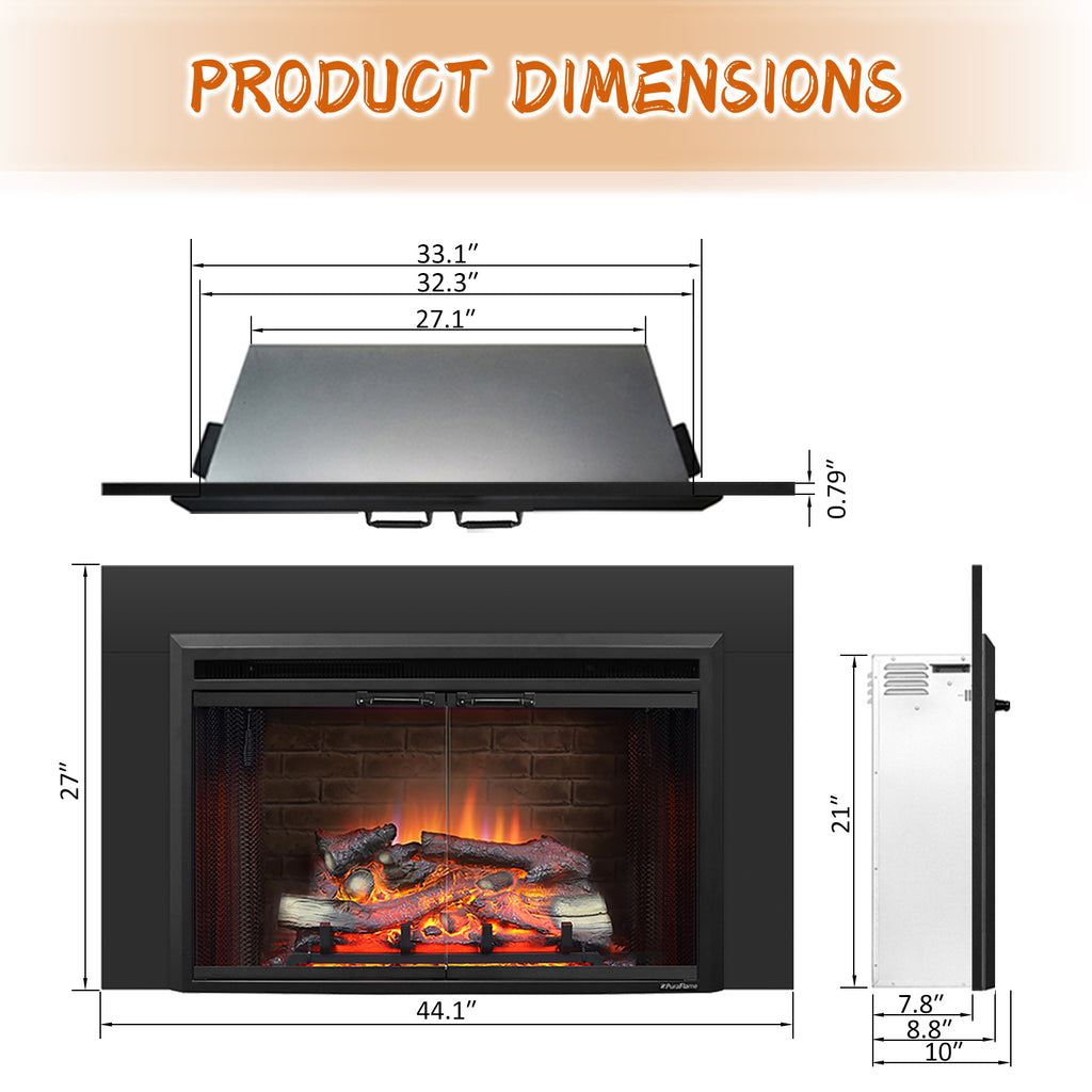 PuraFlame Klaus 33” x 21” Electric Fireplace Insert with Trim Kit, Fire Crackling Sound, Resin Log, Glass Door and Mesh Screen, 750/1500W heater, Black