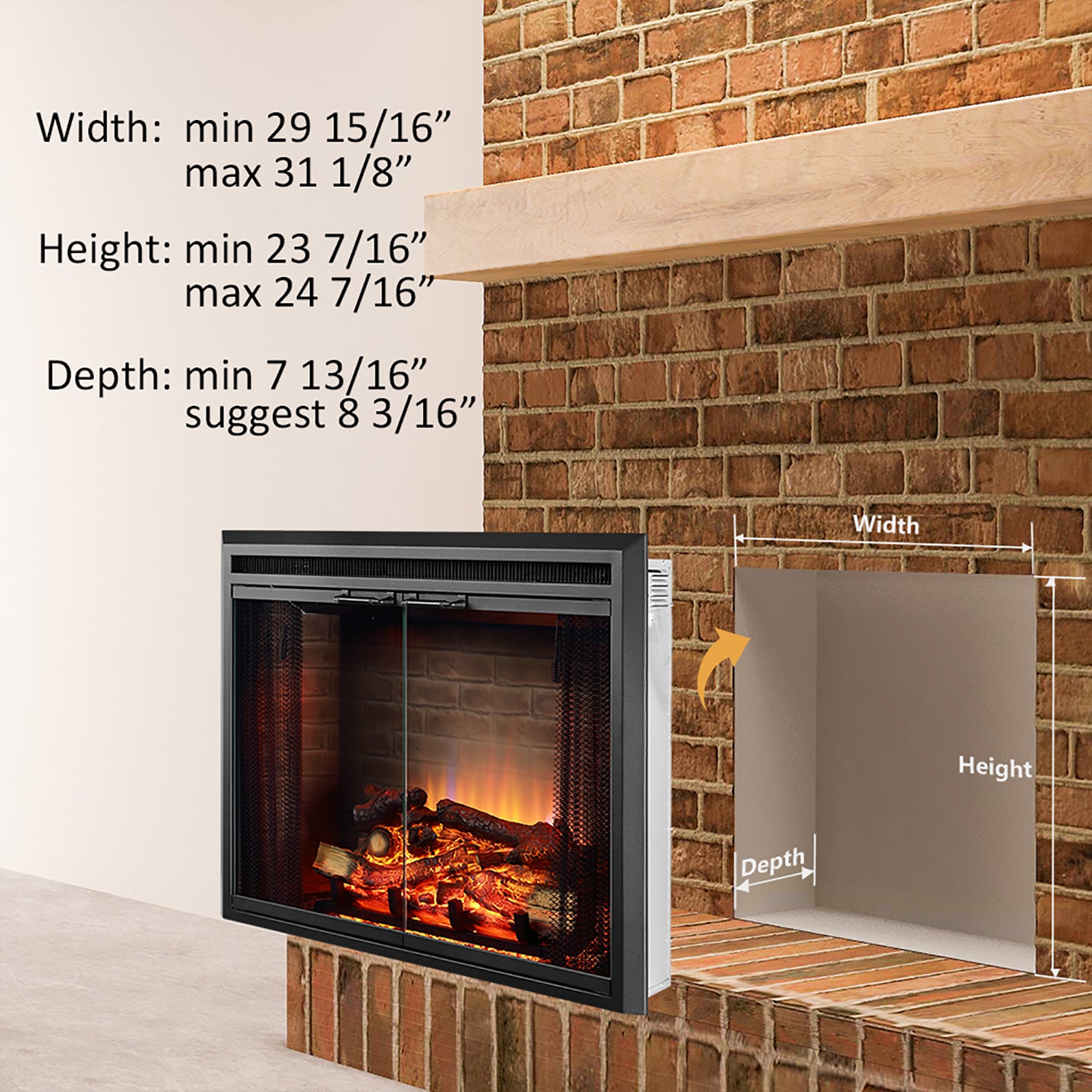 PuraFlame 30” Klaus Electric Fireplace Insert with Fire Crackling Sound Glass Door and Mesh Screen