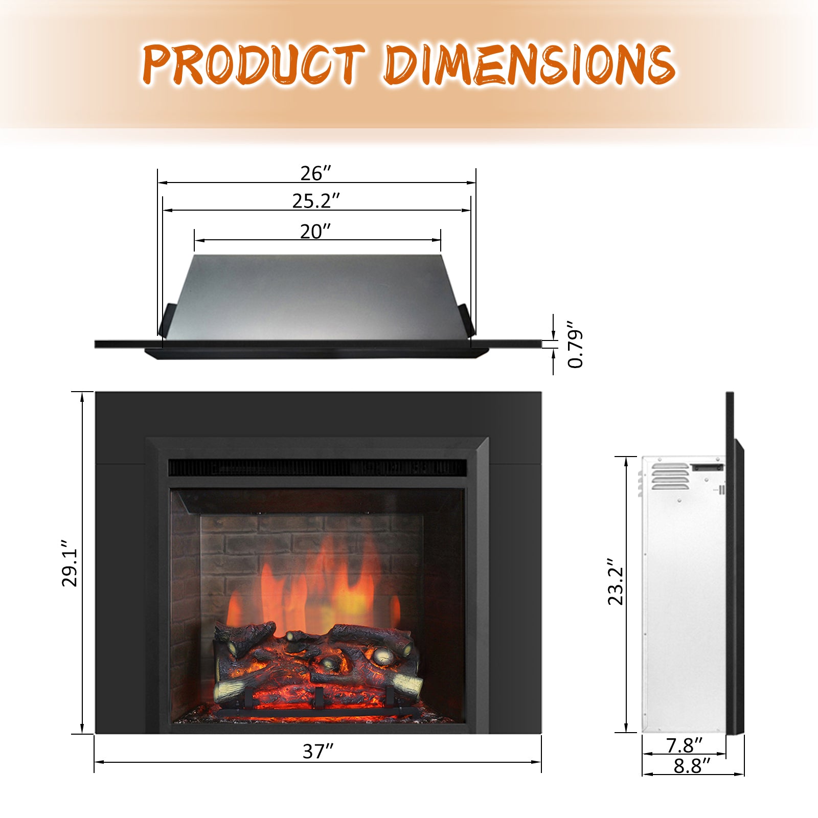 PuraFlame Western 26” Electric Fireplace Insert with Trim Kit, Fire Crackling Sound, Resin Log, Remote Control, 750/1500W Heater, Black