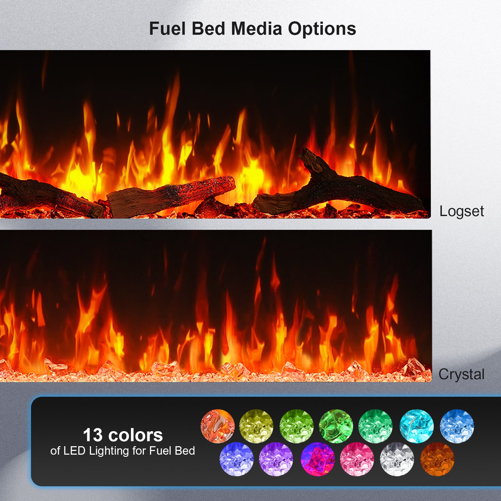 PuraFlame Alice Pro 50/60 Inches, Wall Mounted / In Wall Recessed Electric Fireplace, 6 Flame Colors, Log Set & Crystal, 1500W Heater, Compatible with Alexa and Google Assistant