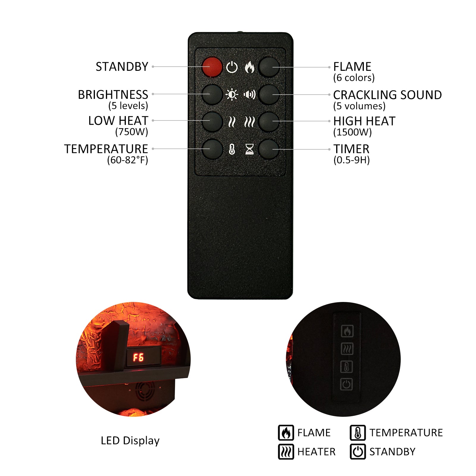 PuraFlame 24&27" Free Standing Electric Fireplace Log Set Insert, 750W/1500W Heater, 6 Flame Colors with 5 Brightness, Crackling Sound, Remote Control