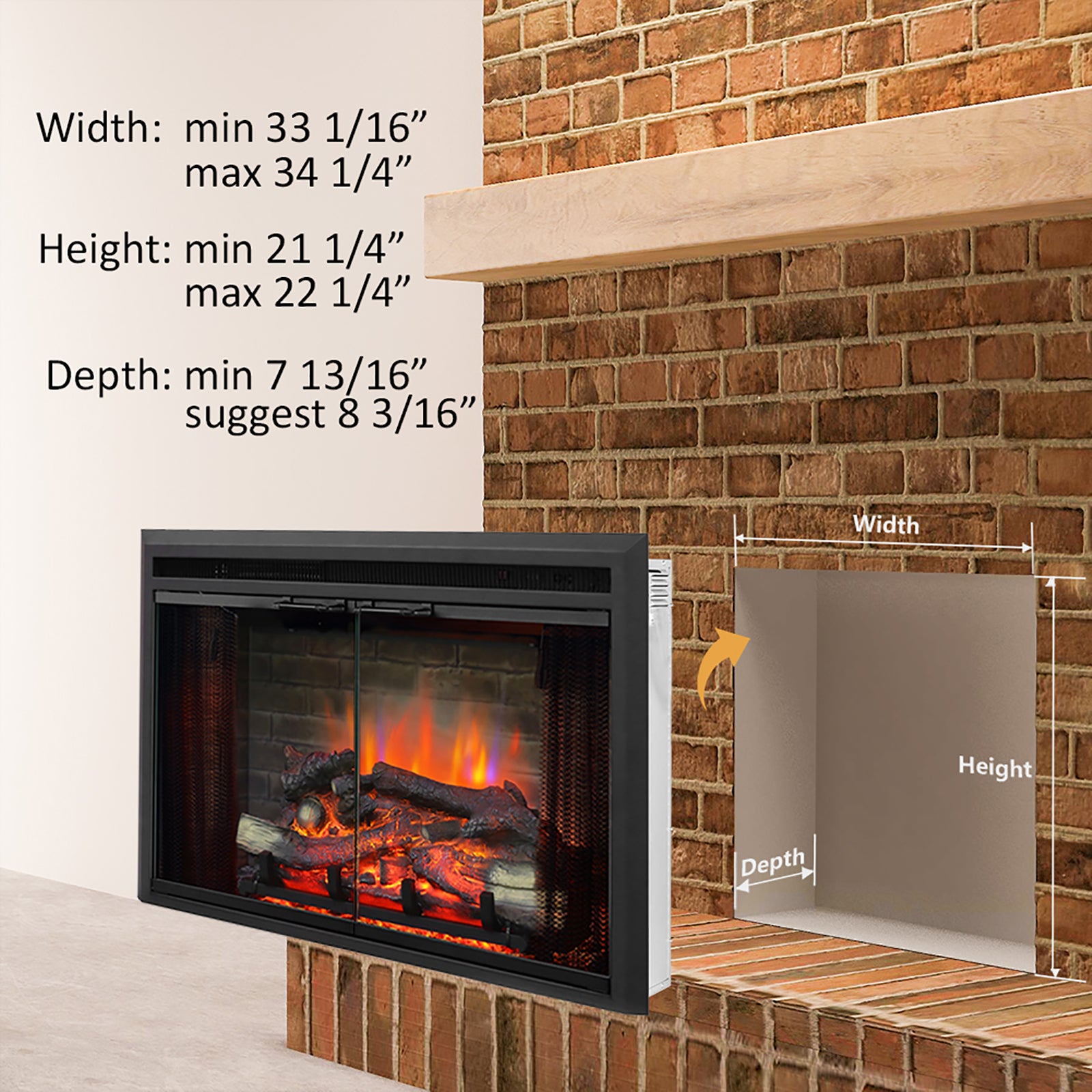 PuraFlame 33” Low Klaus Electric Fireplace Insert with Fire Crackling Sound Glass Door and Mesh Screen