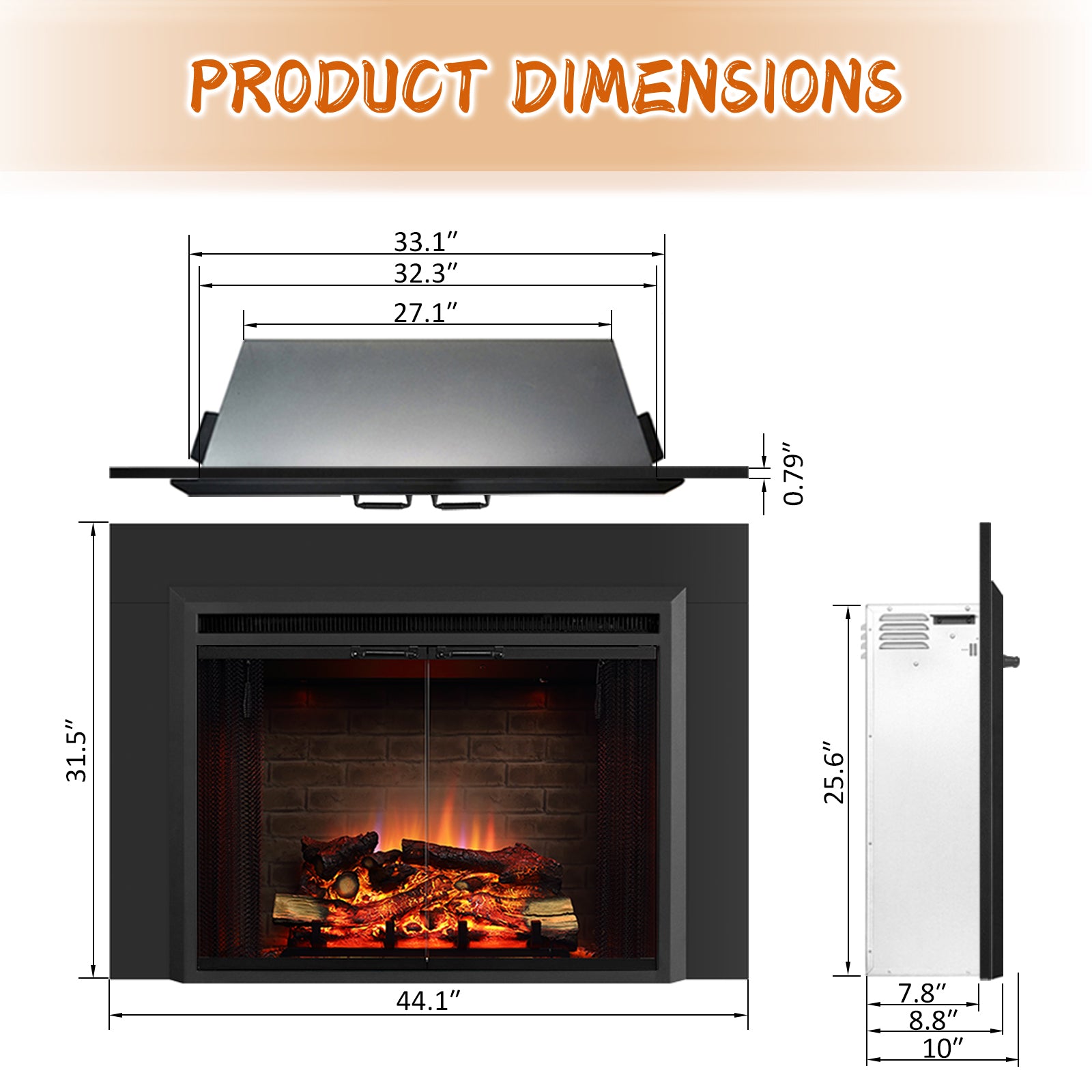 PuraFlame Klaus 33” Electric Fireplace Insert with Trim Kit, Fire Crackling Sound, Resin Log, Glass Door and Mesh Screen, 750/1500W heater, Black