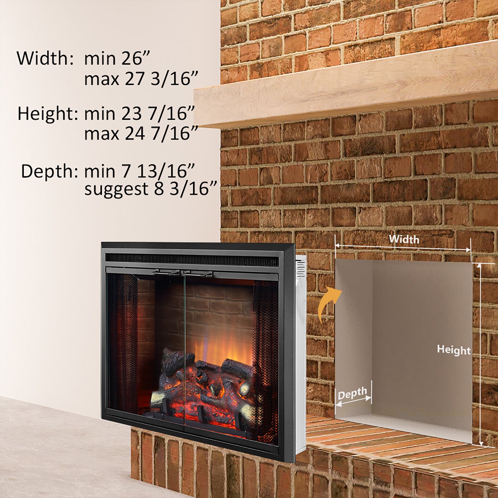 PuraFlame 26” Klaus Electric Fireplace Insert with Fire Crackling Sound Glass Door and Mesh Screen