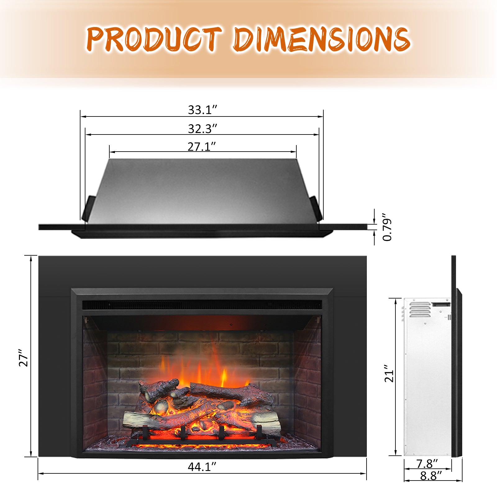 PuraFlame Western 33"x21" Electric Fireplace Insert with Trim Kit, Fire Crackling Sound, Resin Log, Remote Control, 750/1500W Heater, Black
